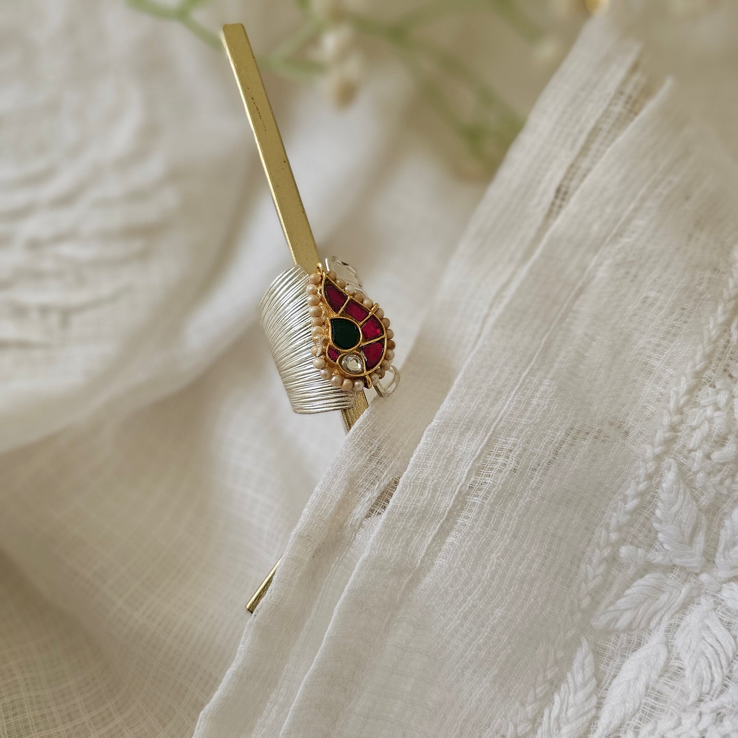 Silver 92.5 kundan gold polish two tone ring