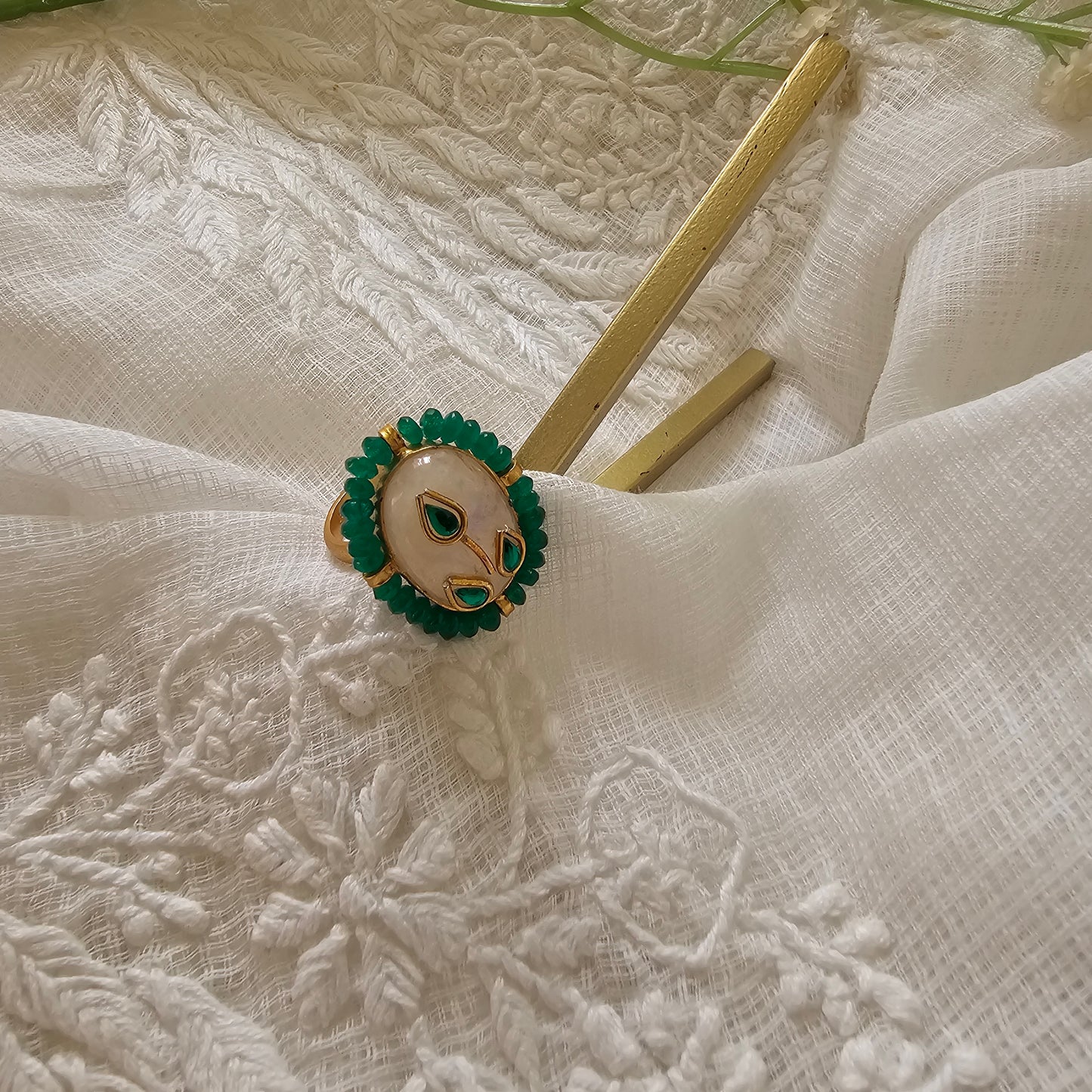 Silver 92.5 kundan gold polish Moonstone ring