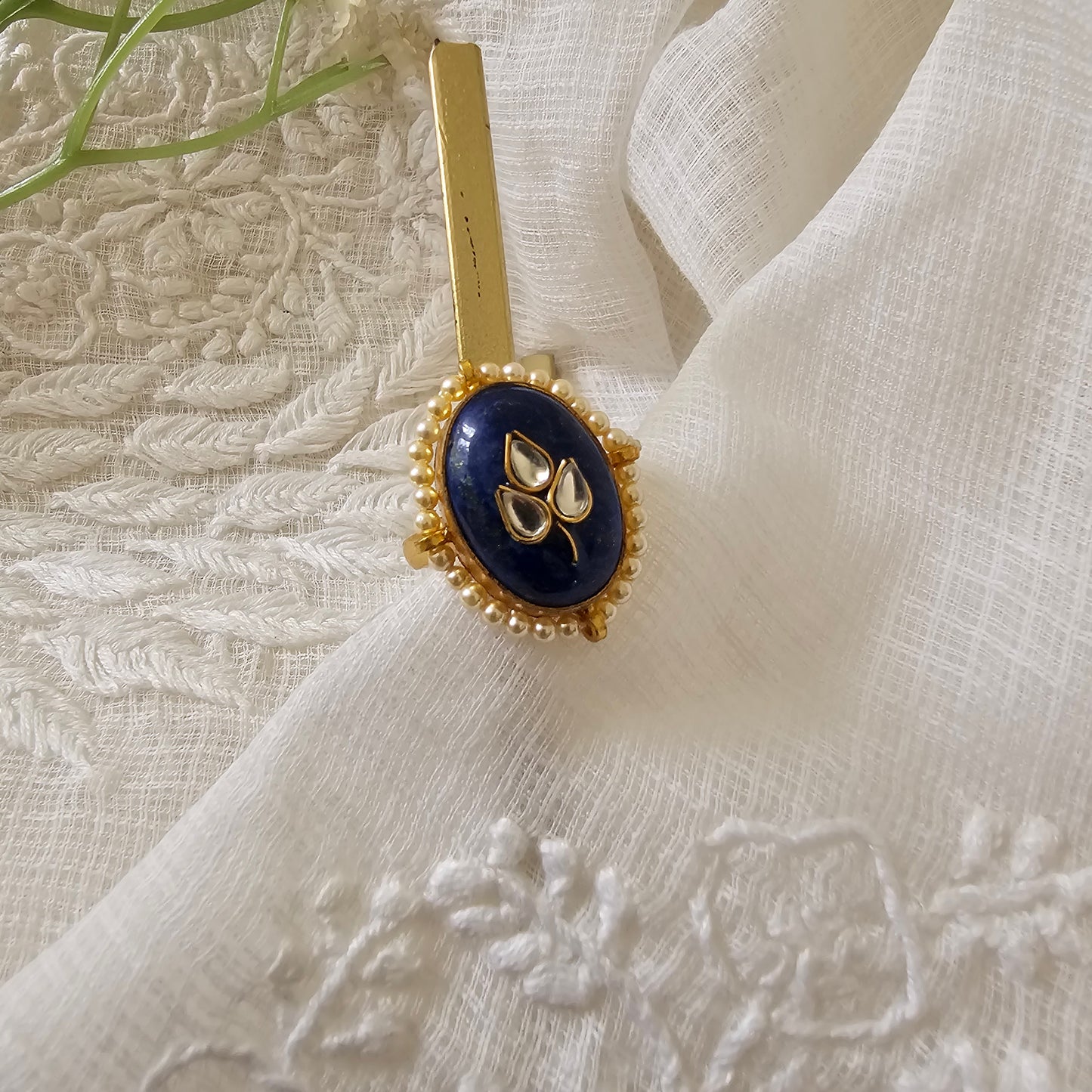 Silver 92.5 kundan gold polish lapis stone ring