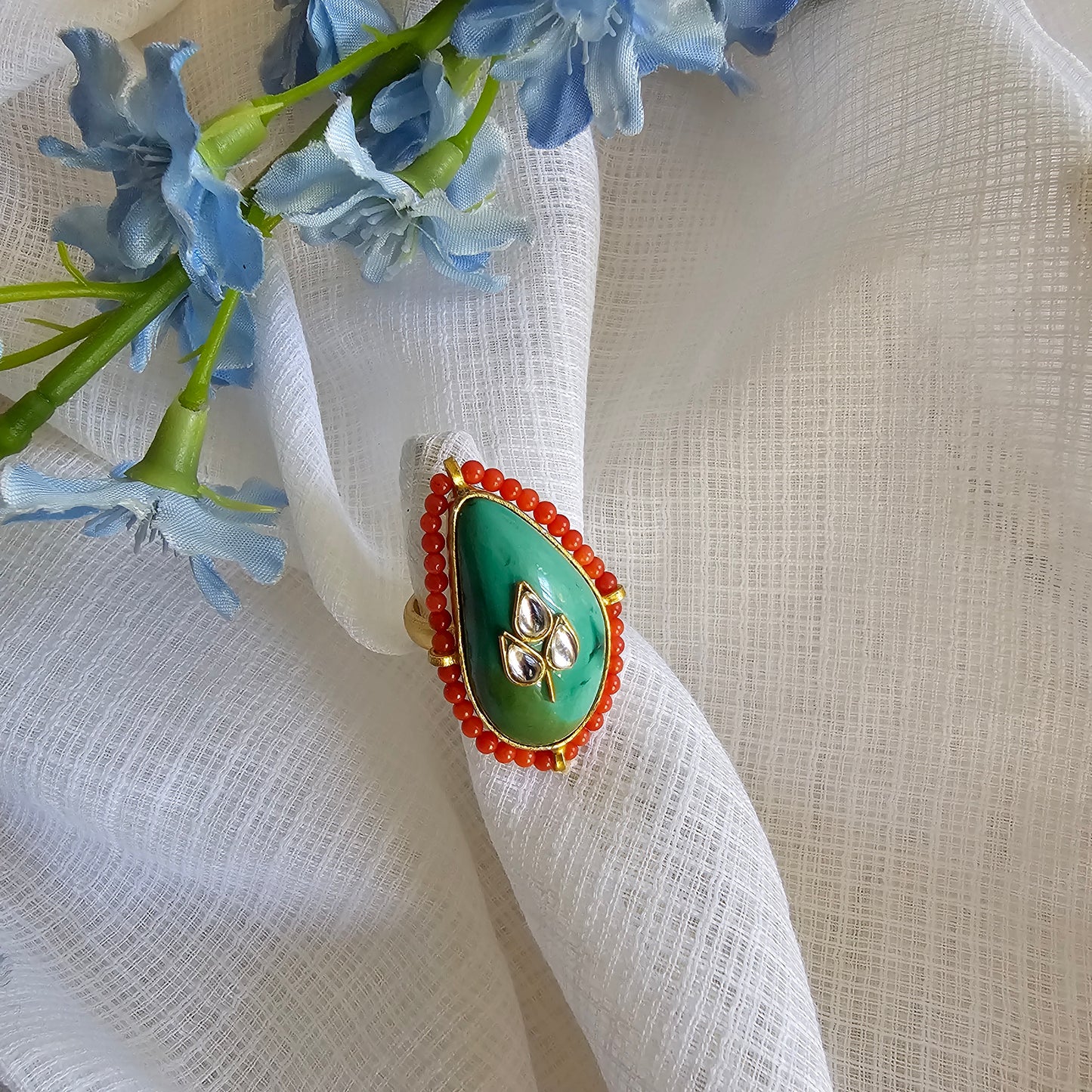 Silver 92.5 kundan gold polish green turquoise ring