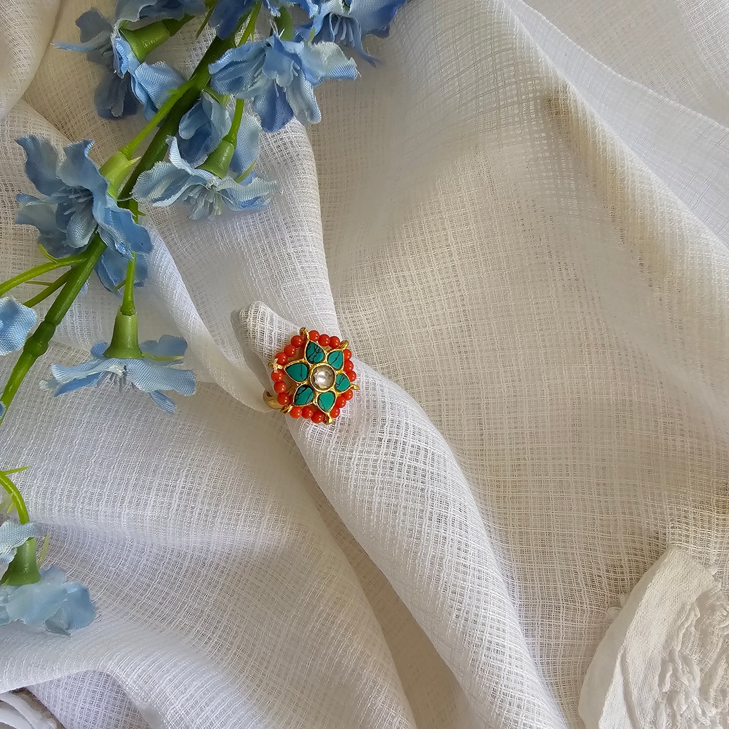 Silver 92.5 kundan gold polish turquoise with coral ring