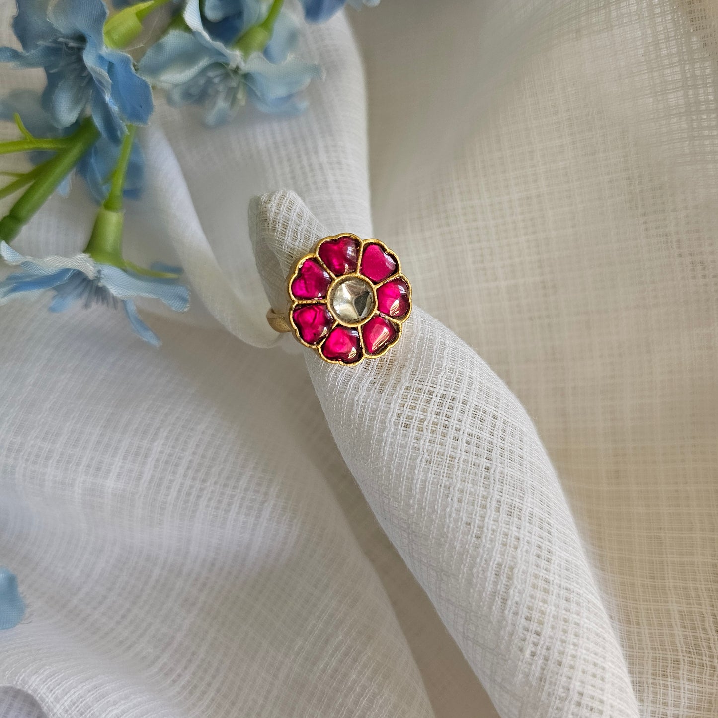 Silver 92.5 pink and white kundan gold polish ring