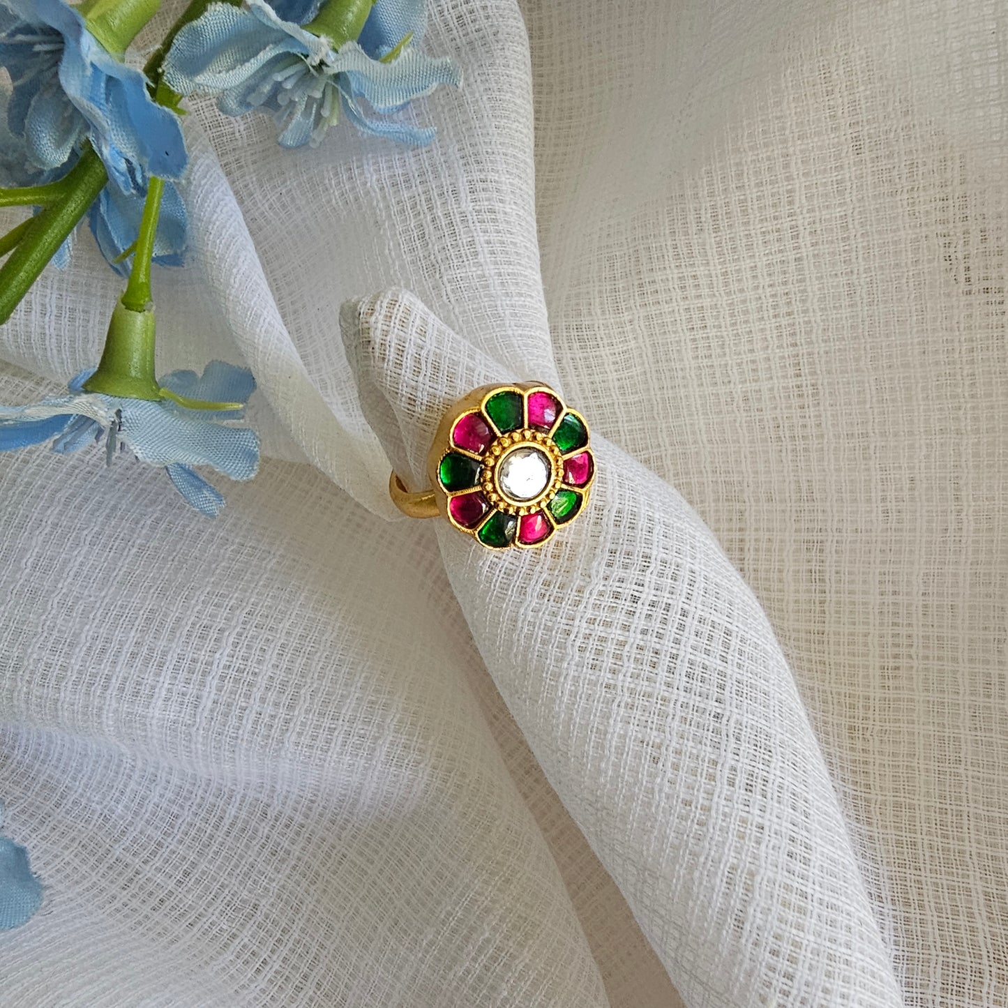 Silver 92.5 green pink and white kundan gold polish ring
