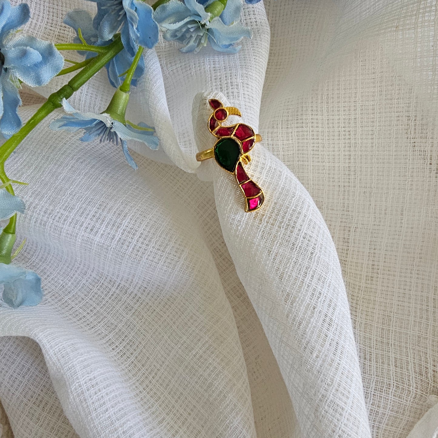 Silver 92.5 kundan gold polish peacock ring