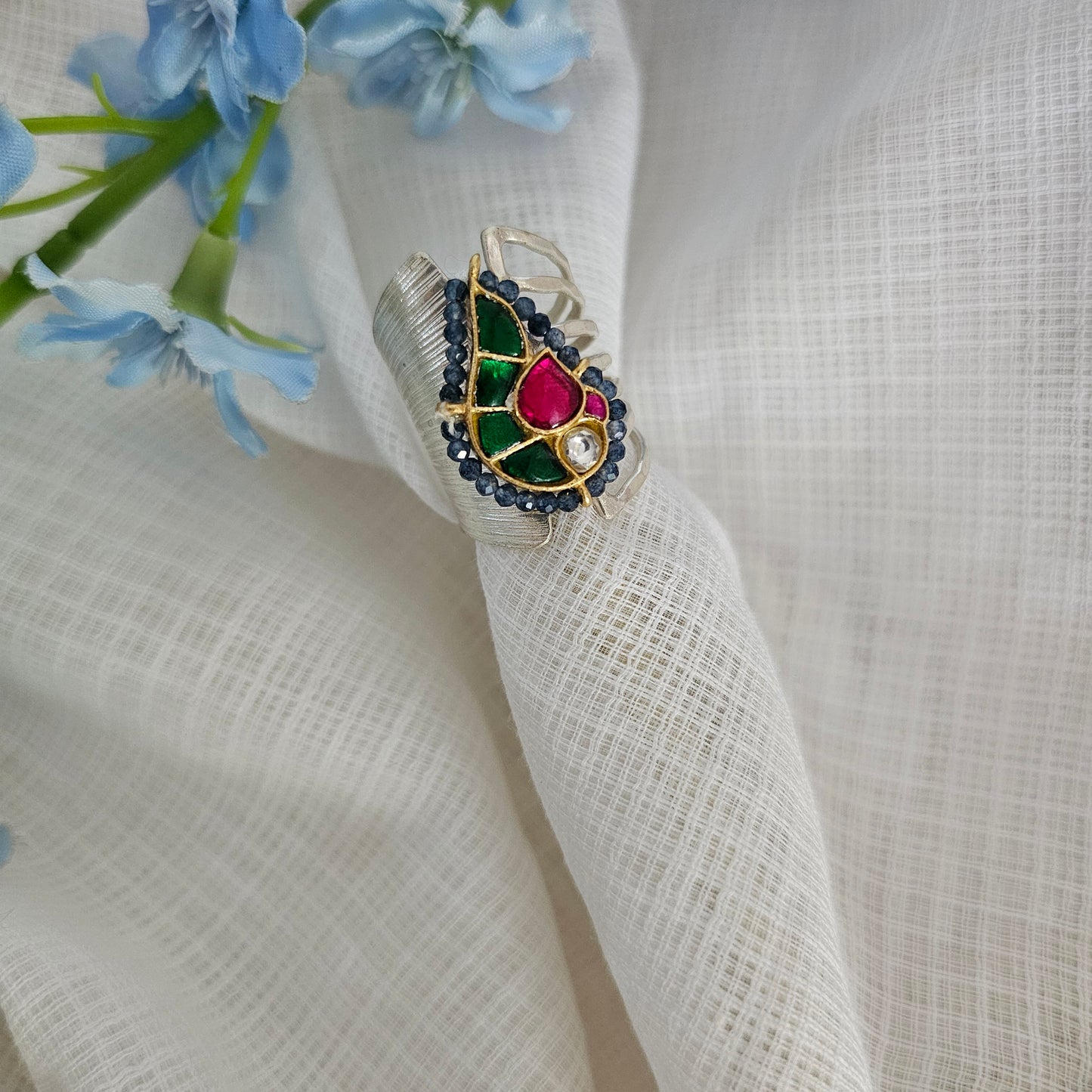 Silver 92.5 two tone finish green kundan ring on brushed silvet