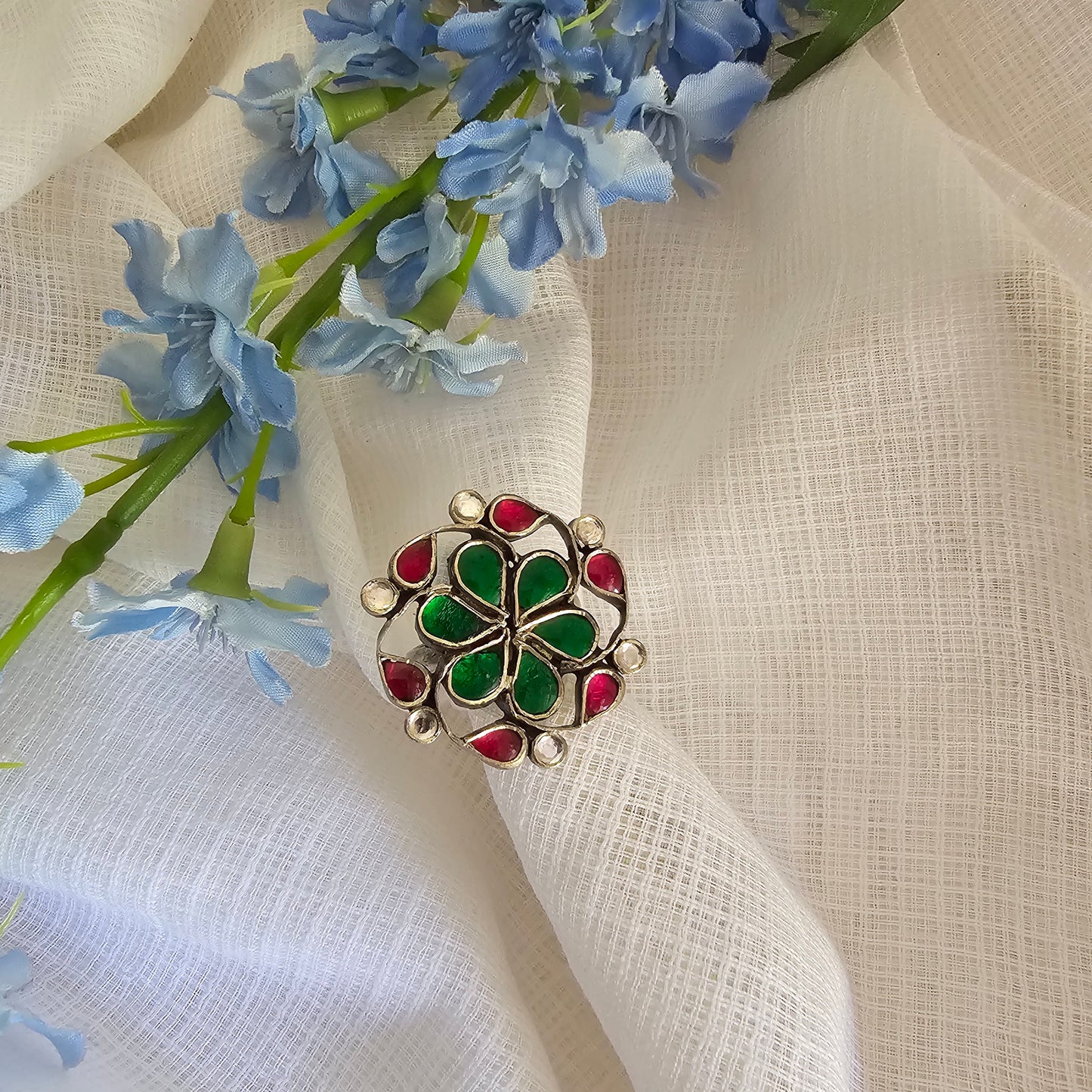 Silver 92.5 kundan and moissanite ring