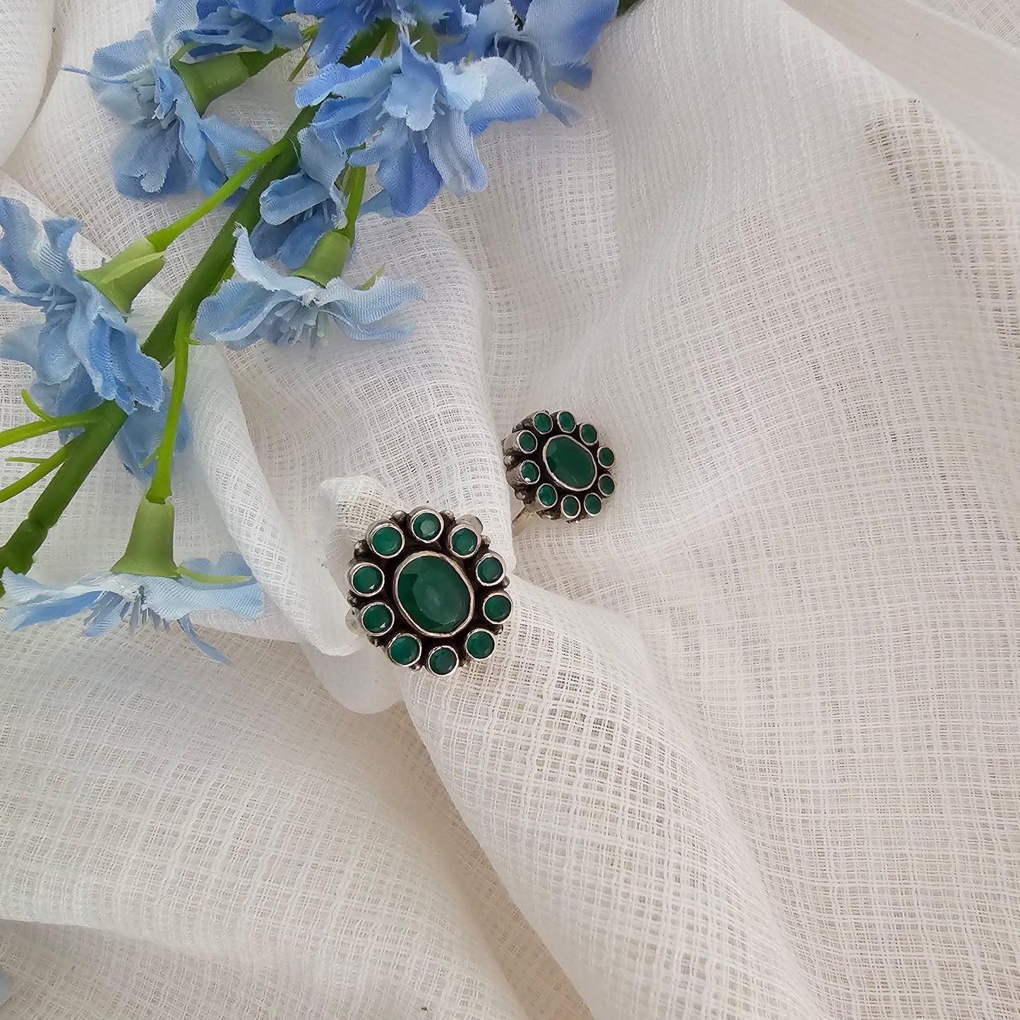 Silver 92.5 green onyx double ring