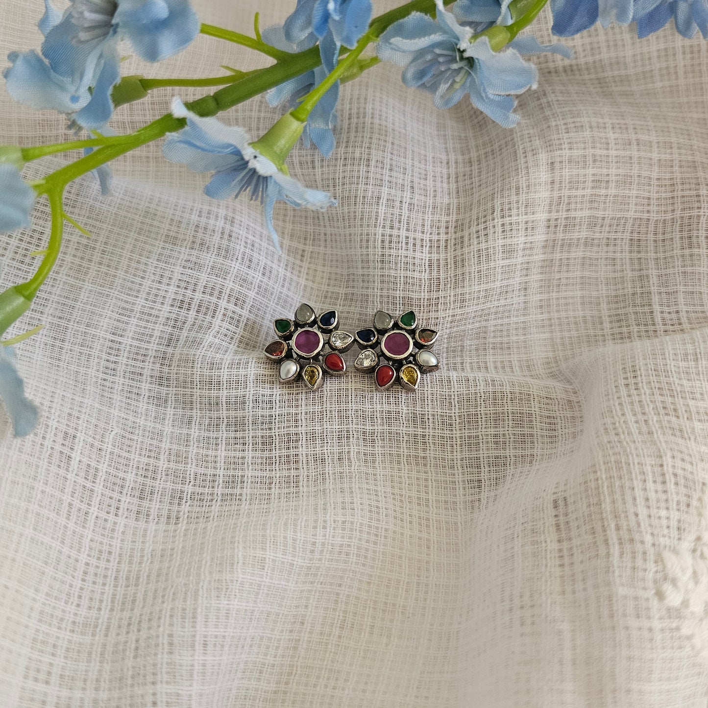 Silver 92.5 flower navratna studs