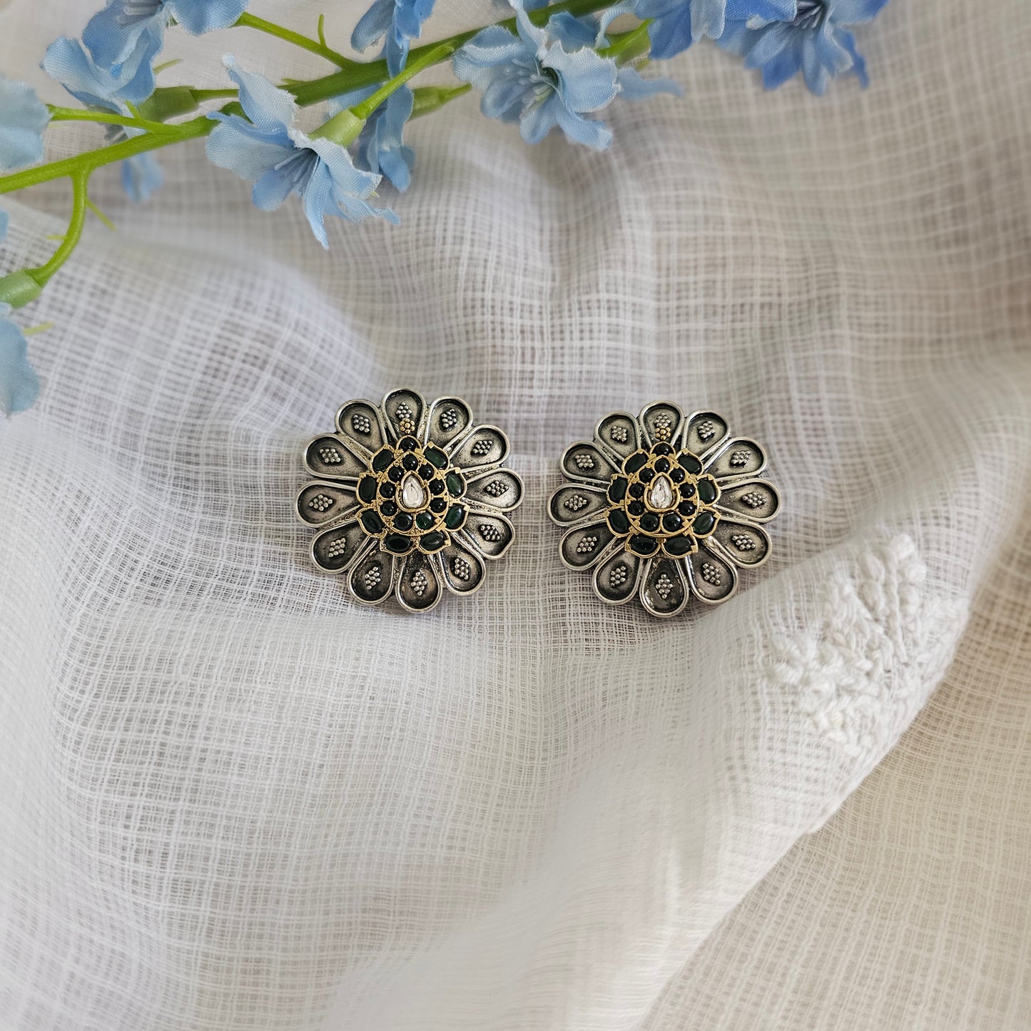 Silver 92.5 kundan two tone green statement studs