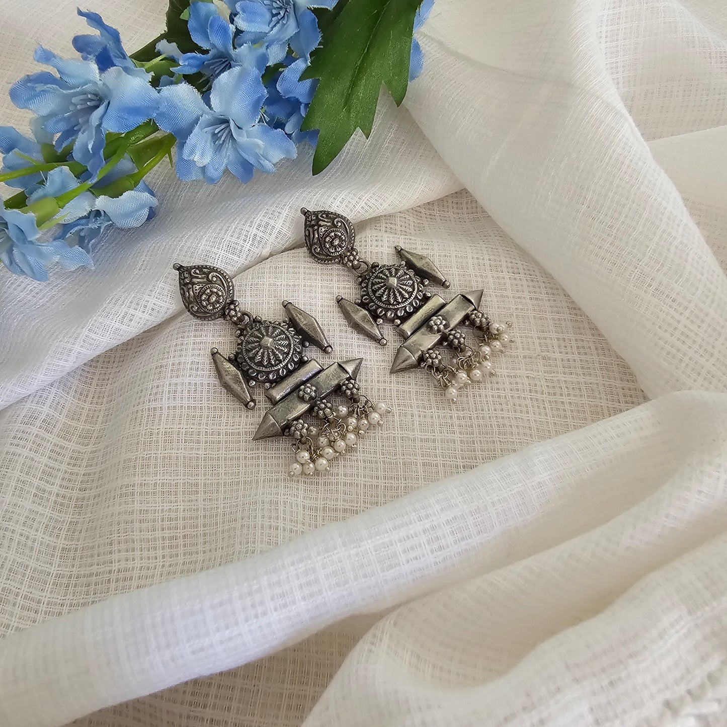 Silver 92.5 Kolhapuri danglers with pearls