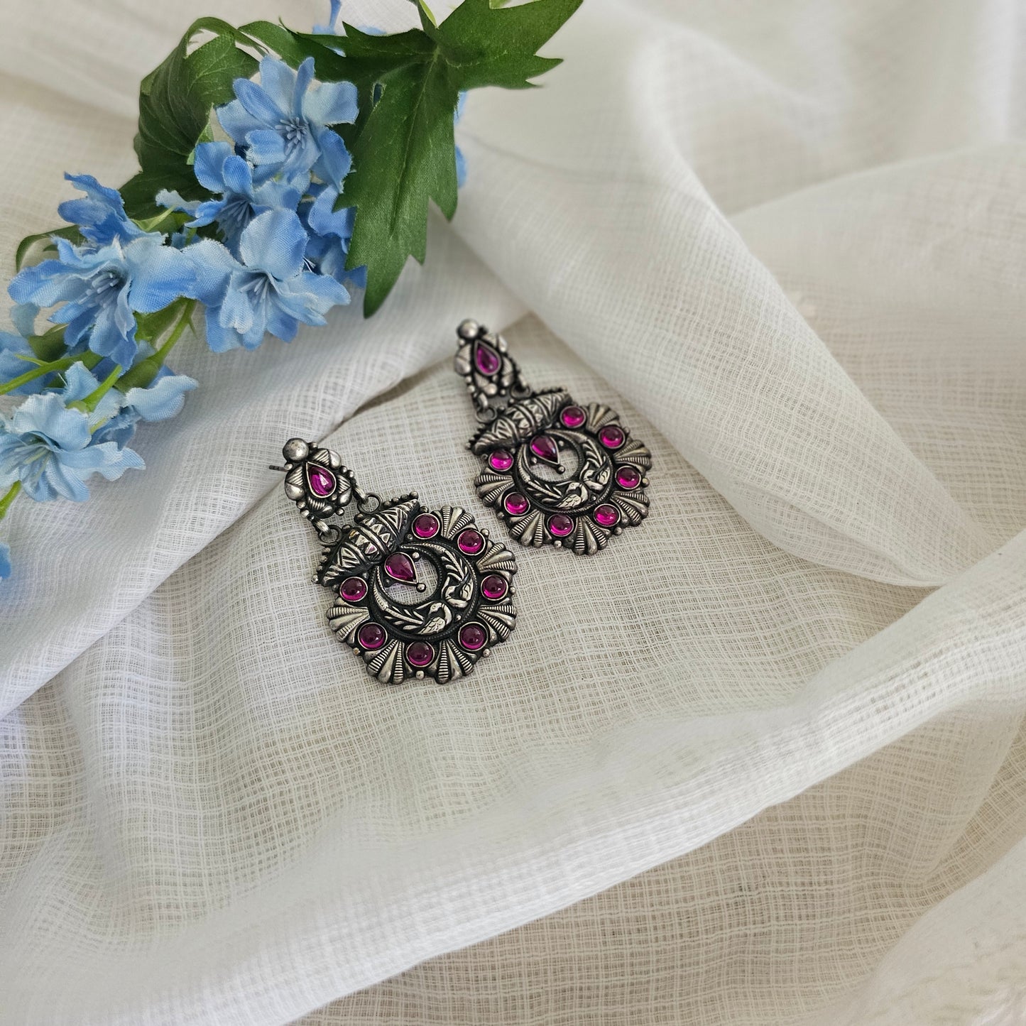 Silver 92.5 pink kundan Kolhapuri chaand Bali