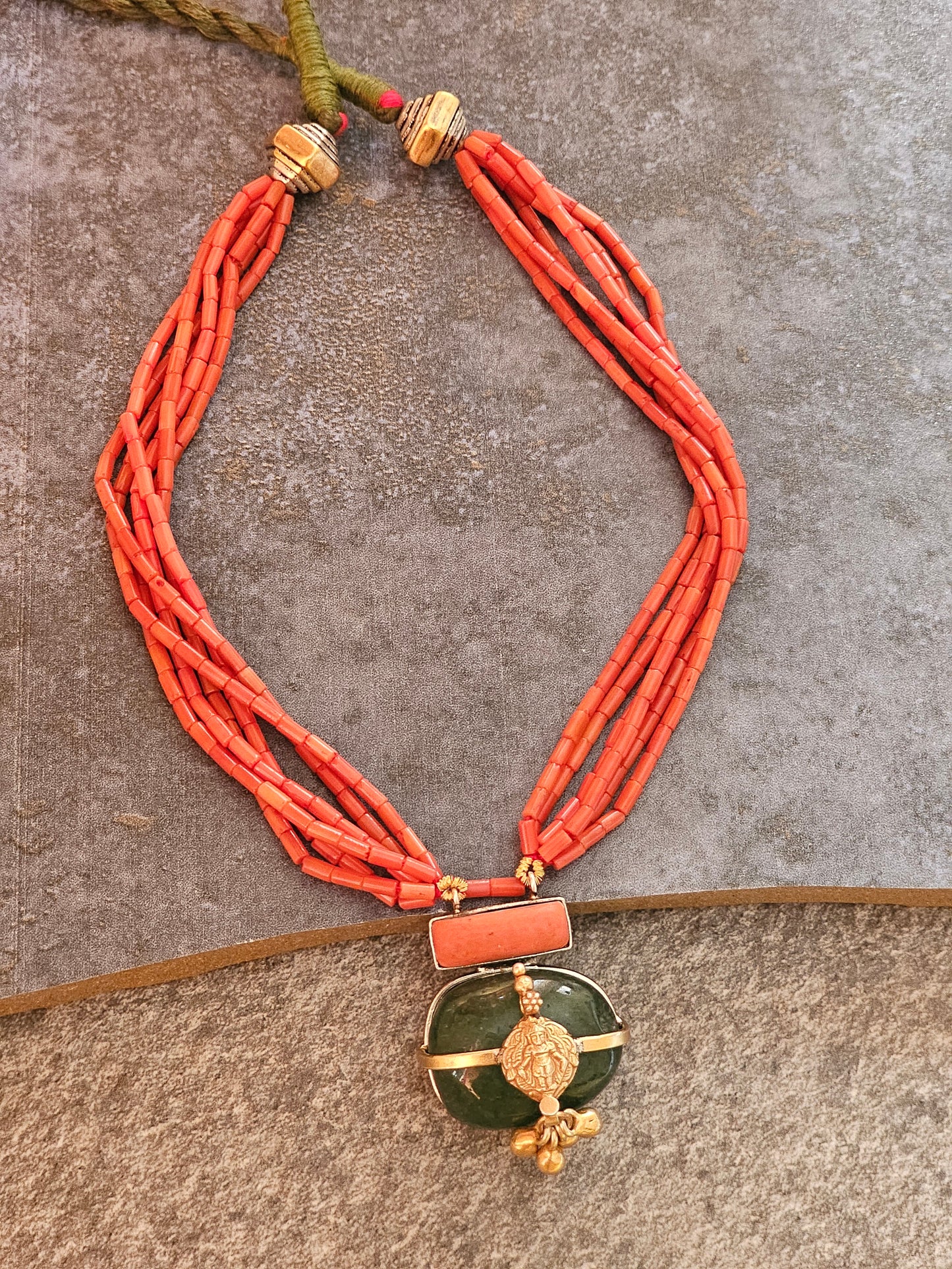 Italian Coral strings with emerald tumble