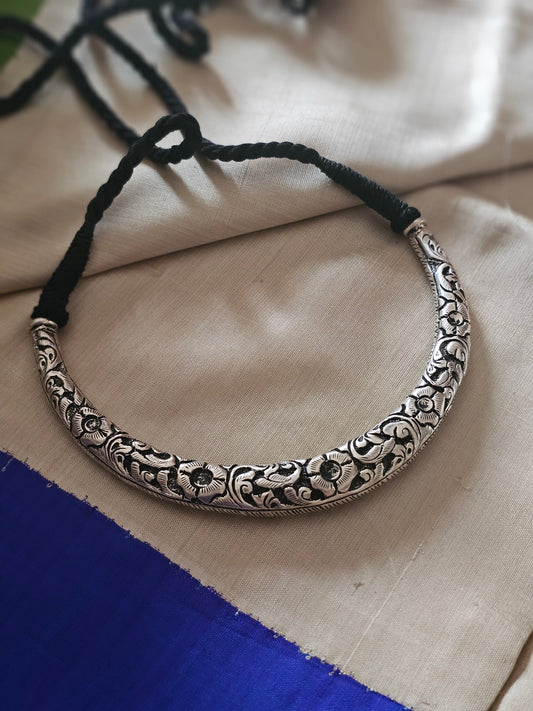 Chitai Work Hasli Necklace in 92.5 Silver with Black Threadwork Tassel