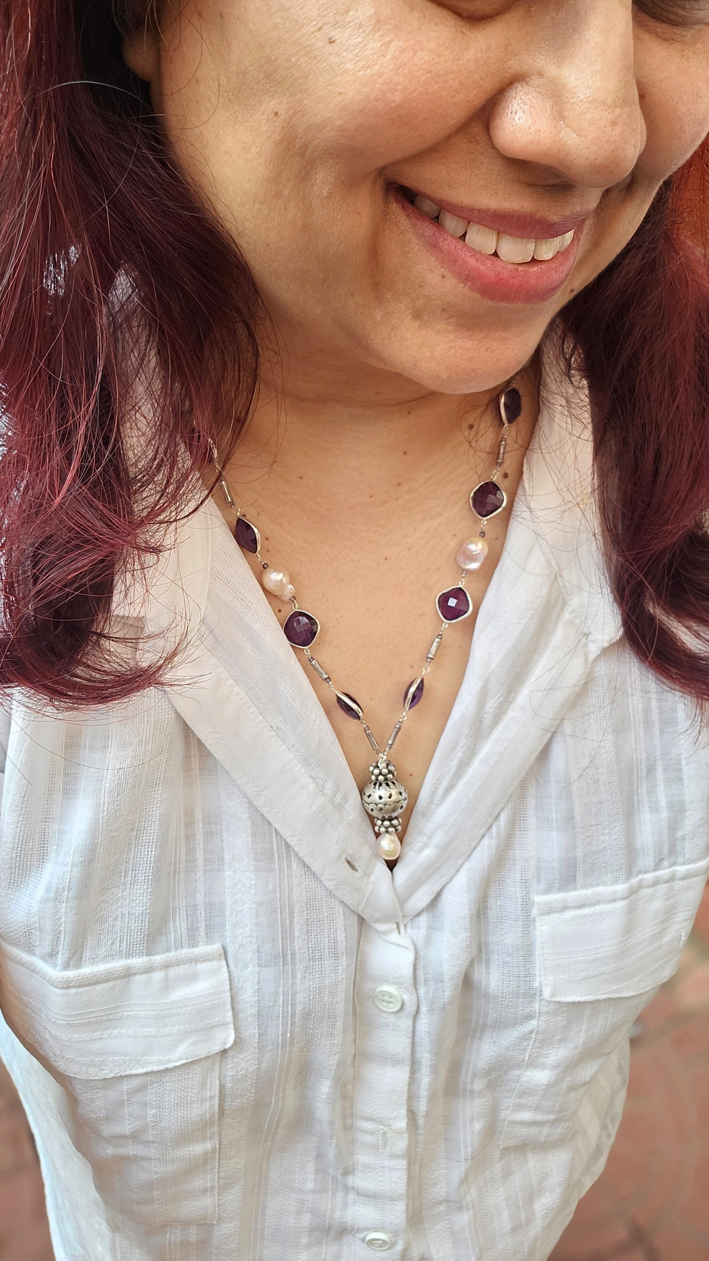 Silver Amethyst, Baroque pearls necklace