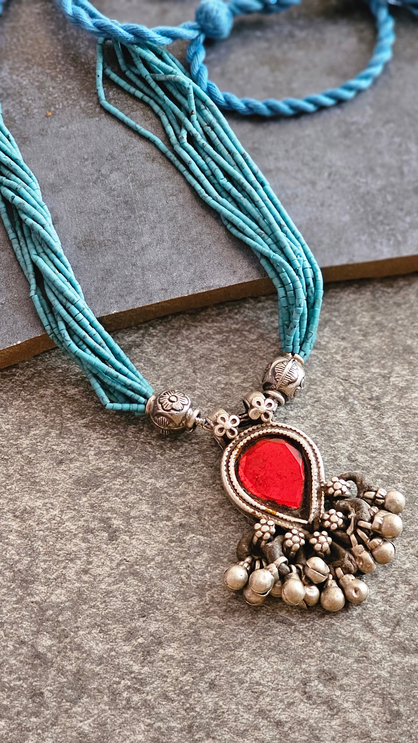 Vintage red glass pendant Turquoise strings necklace