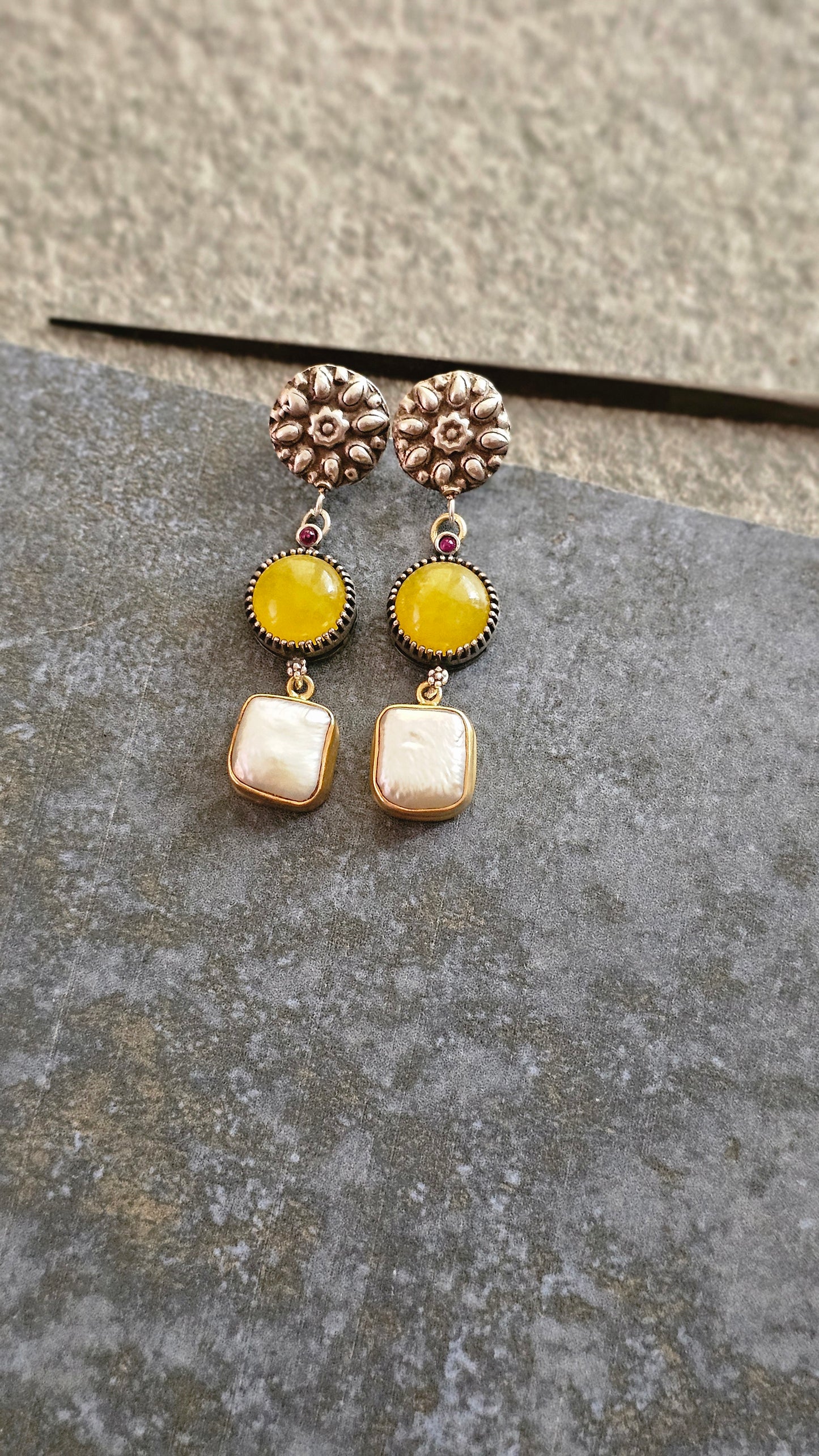 Surya – Vintage Button Chalcedony & Mother of Pearl Danglers