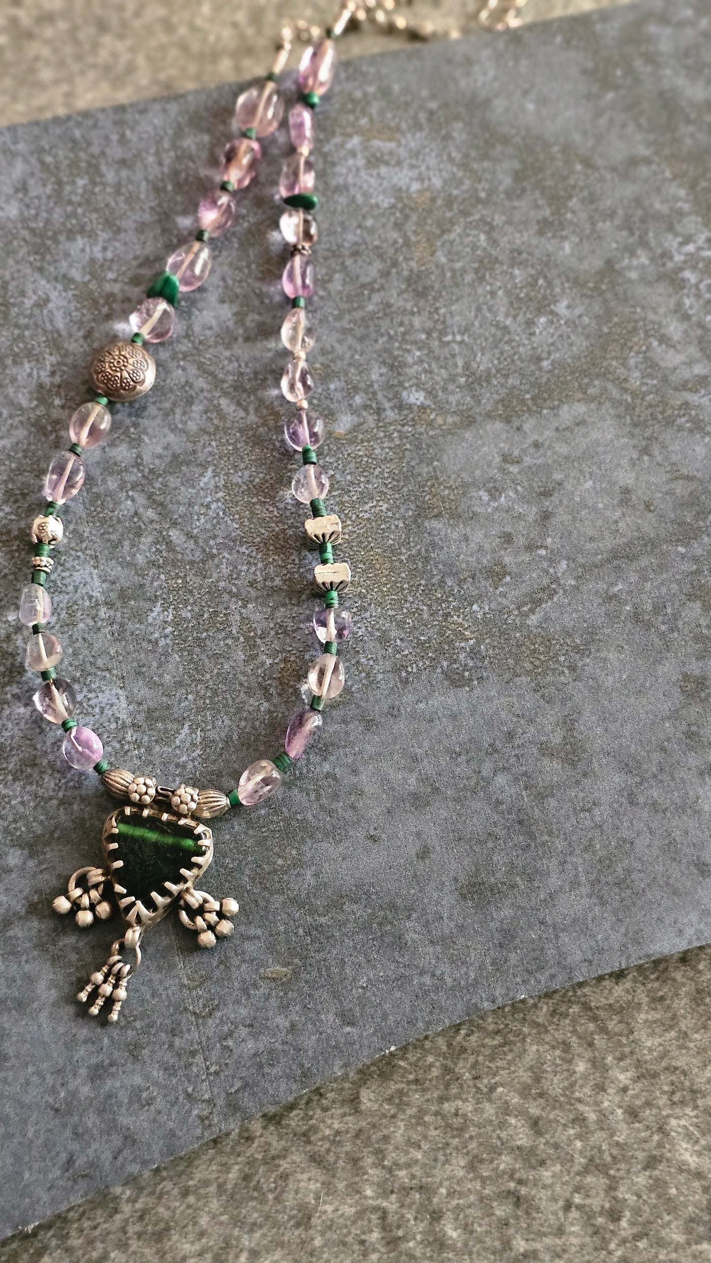 Vintage Glass Pendant Necklace with Amethyst & Malachite in 92.5 Silver