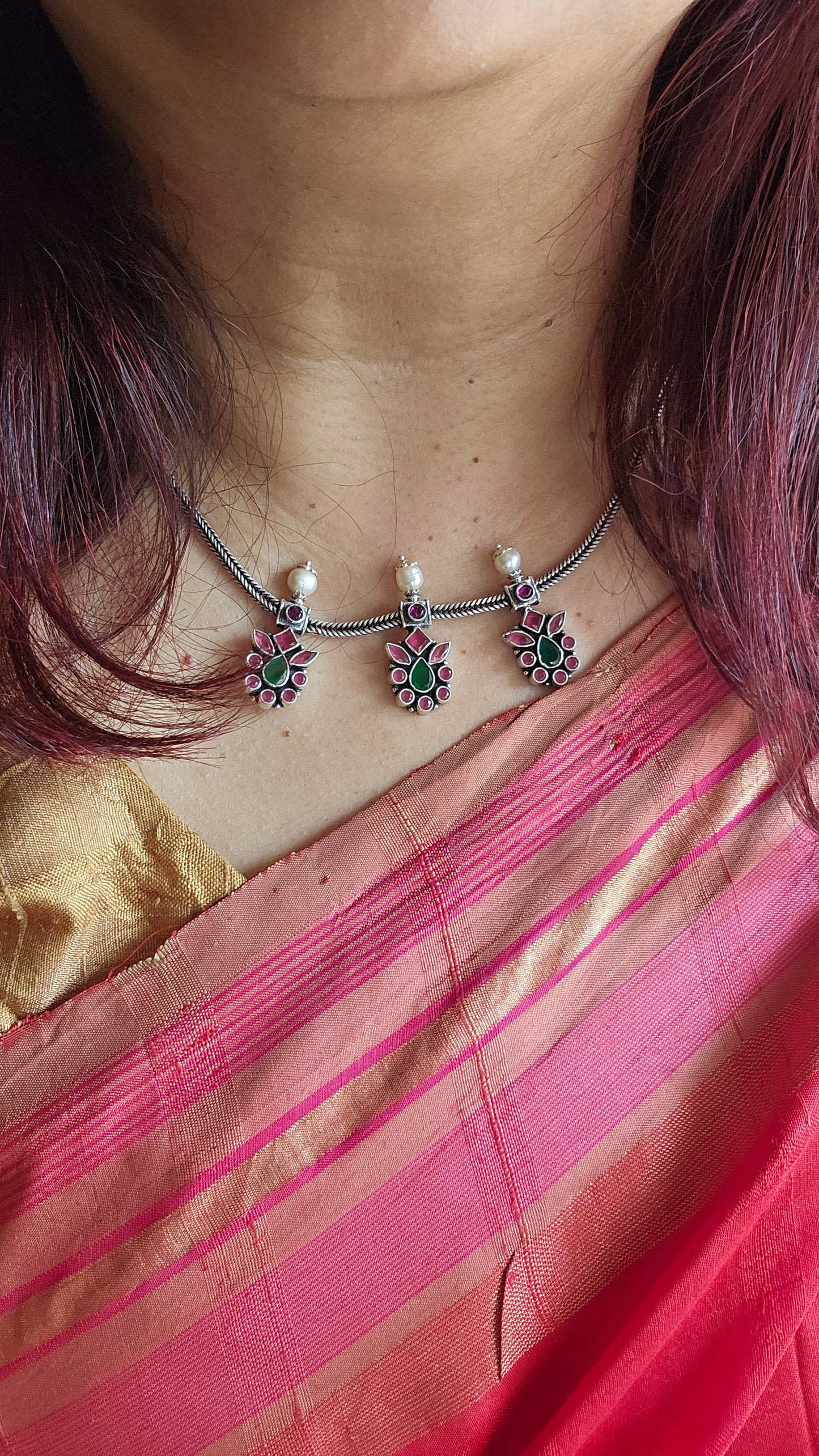“92.5 Silver Floral Necklace Set with Red Garnet & Green Onyx | Handcrafted Sterling Silver Jewelry by Shopvasuki”
