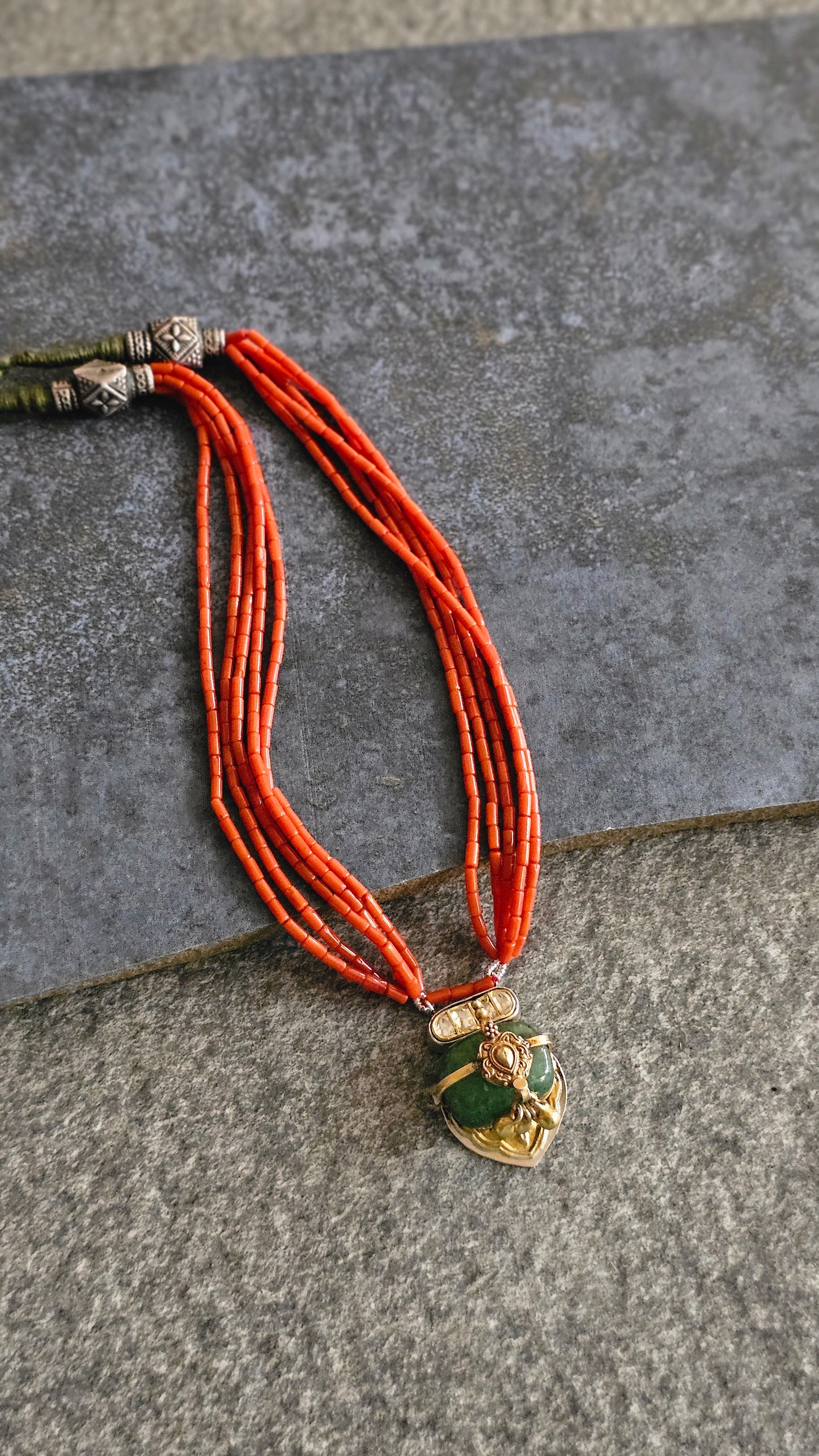 Italian Coral strings necklace with emerald tumble