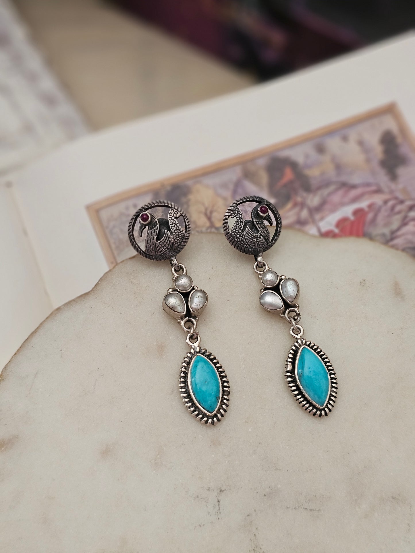 Turquoise & Pearl Silver Danglers with Peacock Studs | 92.5 Handcrafted Jewelry