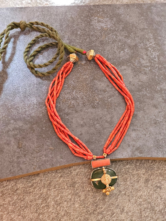 Italian Coral strings with emerald tumble