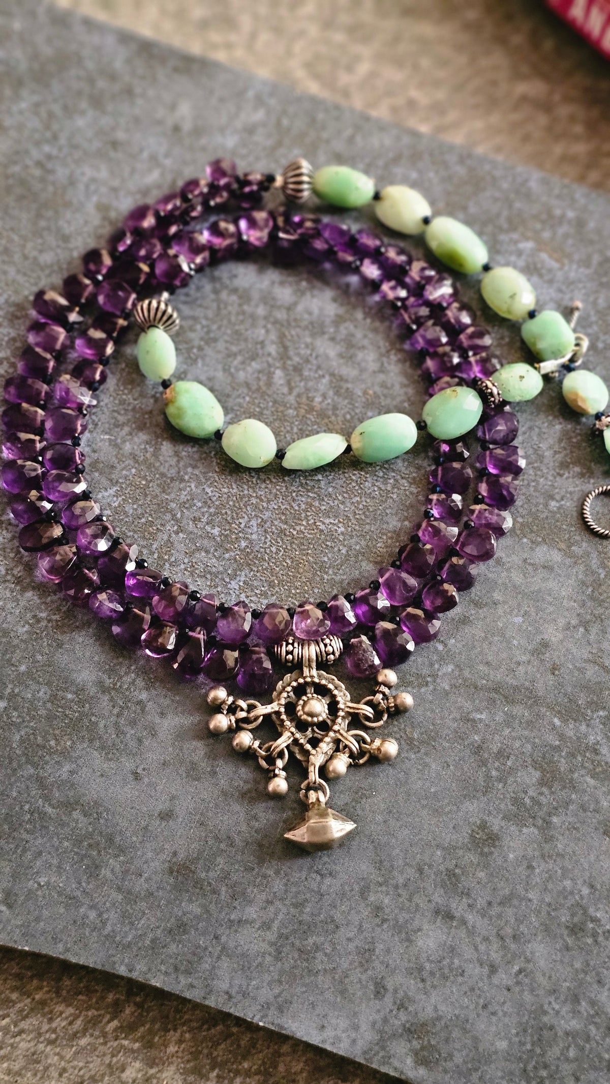 Amethyst, Chrysoprase & Vintage Silver Double-Strand Necklace