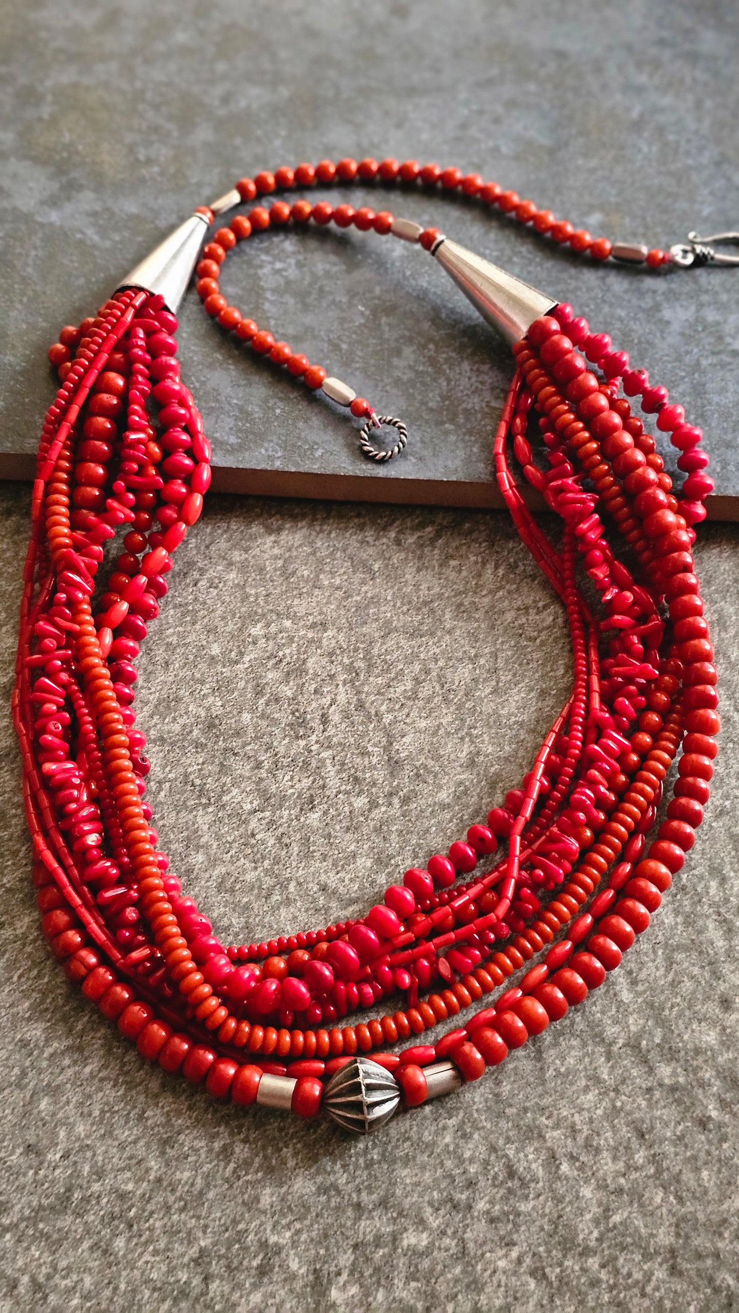 SURKH | Multi-Strand Coral & Silver Necklace