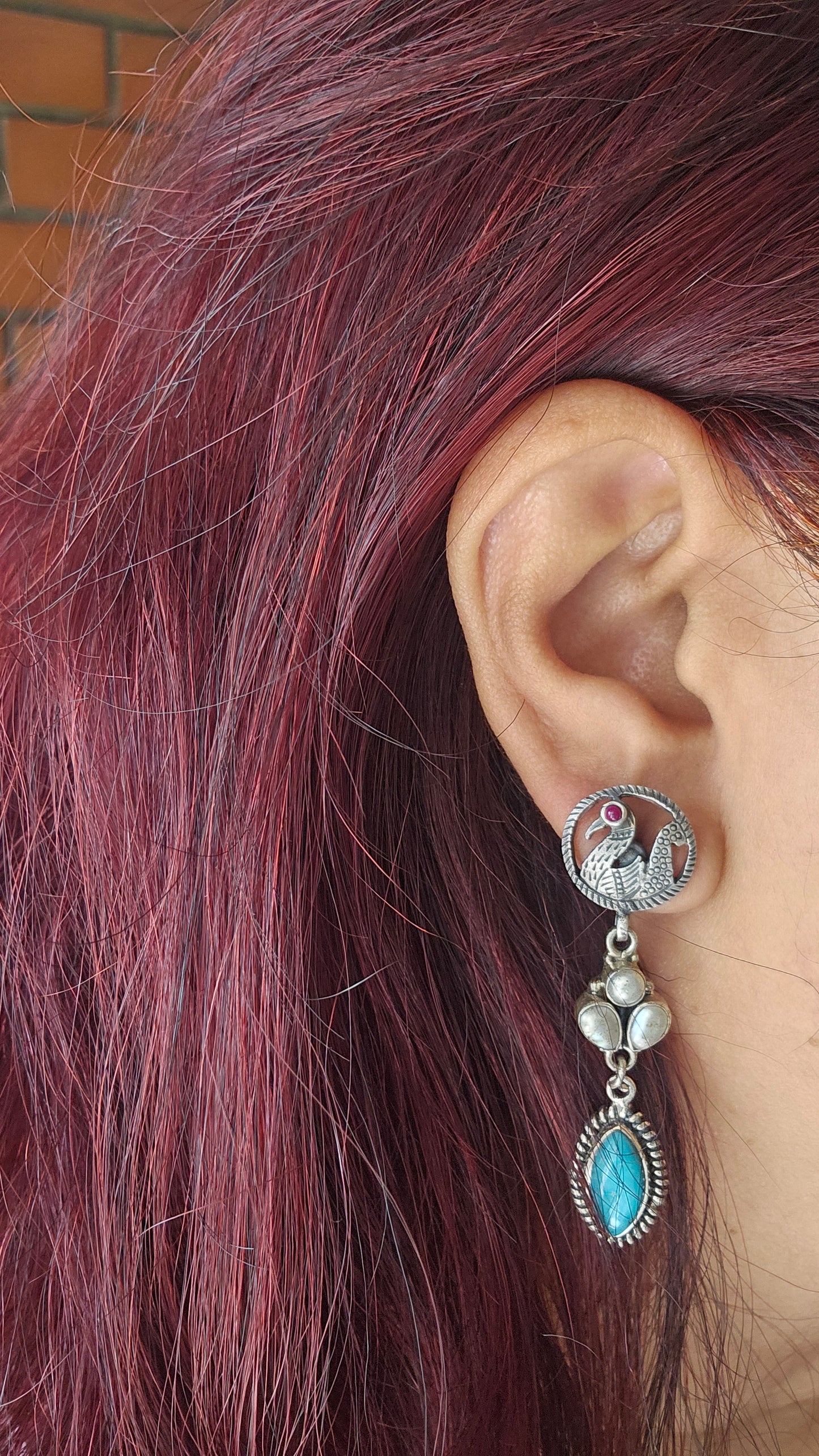 Turquoise & Pearl Silver Danglers with Peacock Studs | 92.5 Handcrafted Jewelry