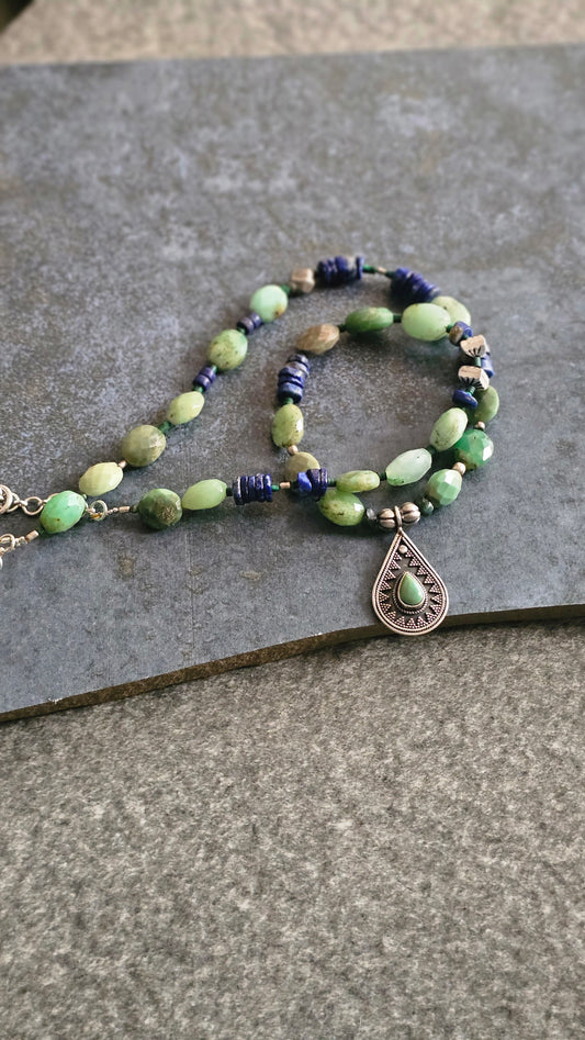 Olive green Chrysoprase & Lapis Statement Necklace in 92.5 Silver