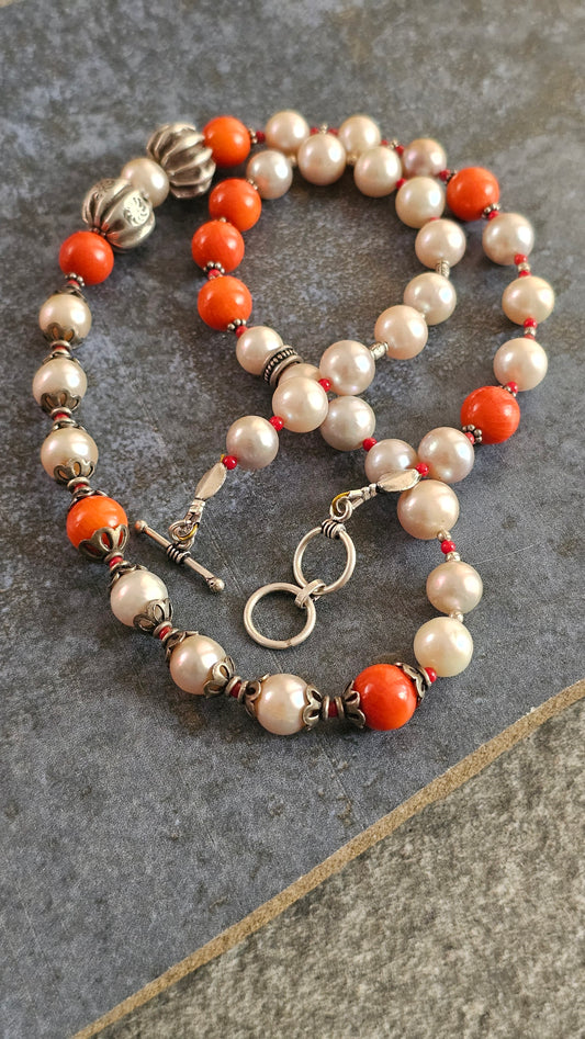 Champagne Pearl & Coral Statement Necklace