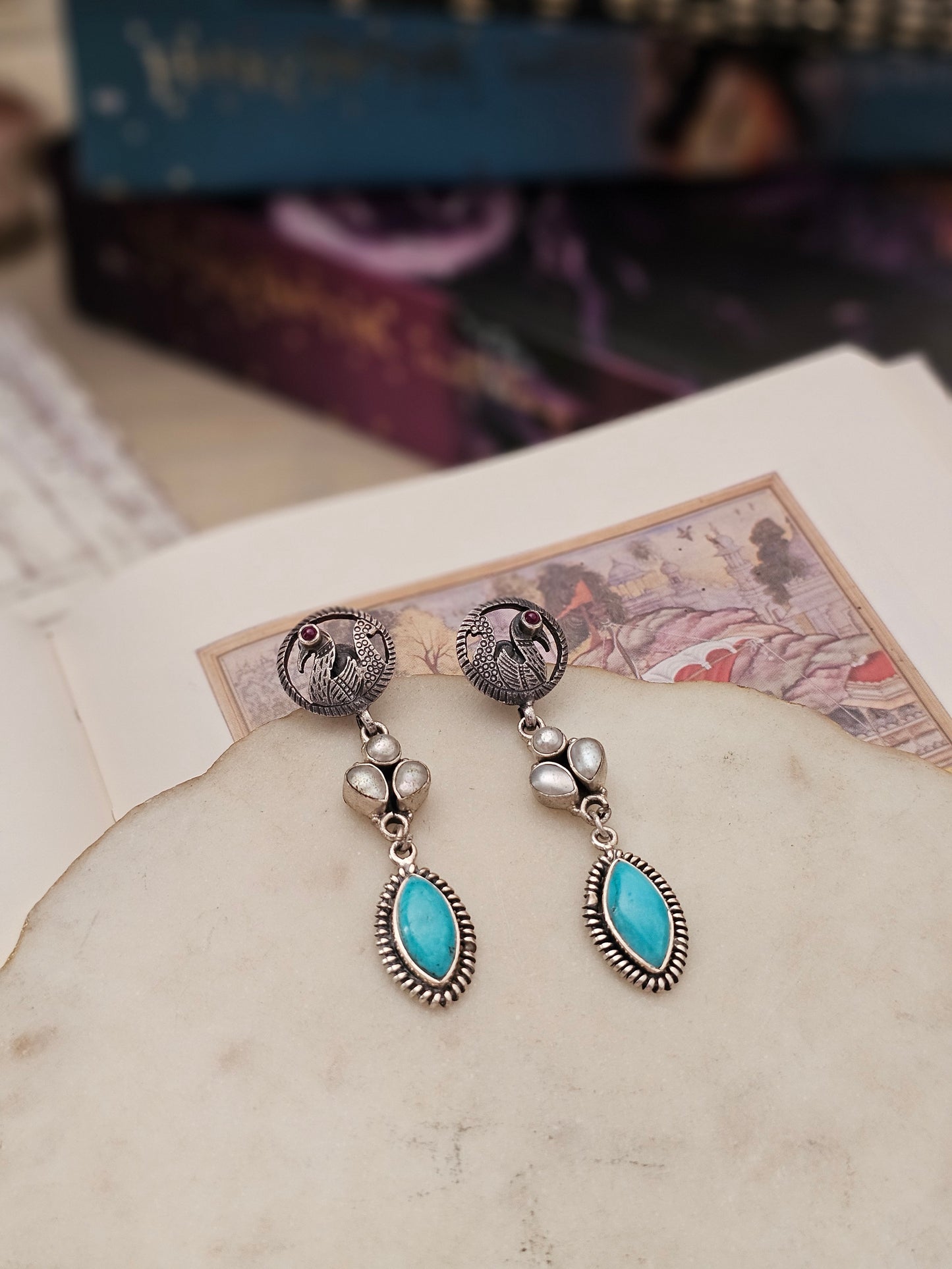 Turquoise & Pearl Silver Danglers with Peacock Studs | 92.5 Handcrafted Jewelry
