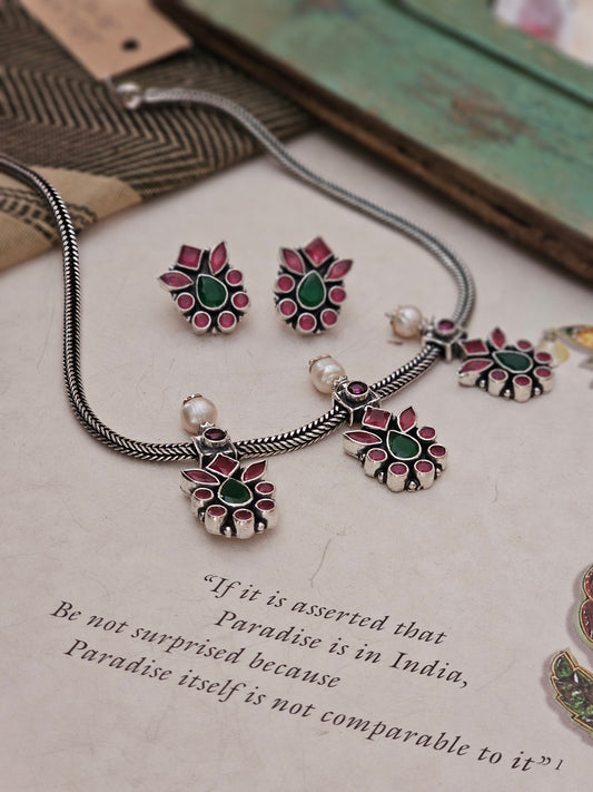 “92.5 Silver Floral Necklace Set with Red Garnet & Green Onyx | Handcrafted Sterling Silver Jewelry by Shopvasuki”