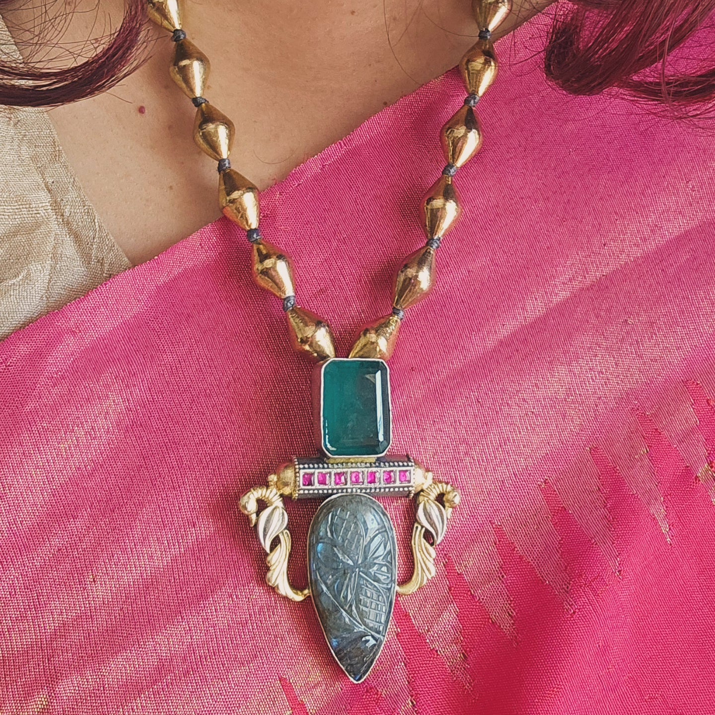 Virasat Carved Labradorite Kundan Pendant Necklace | 92.5 Silver Gold Polish Necklace with Parakeet Motifs & Dholki Beads
