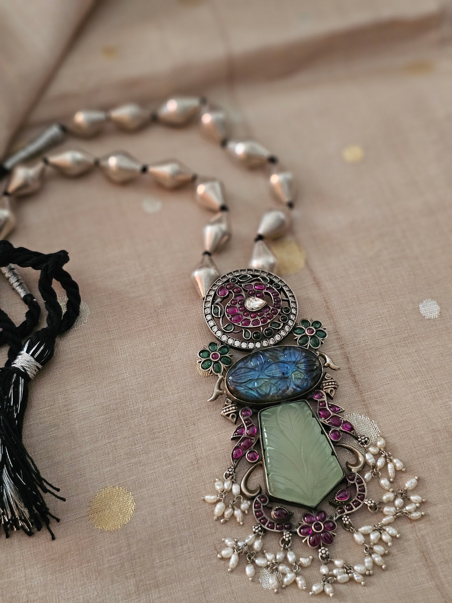 Nayika Long Fusion Pendant Necklace | 92.5 Silver Gold Polish Necklace with Kemp, Labrodrite & Chalcedony