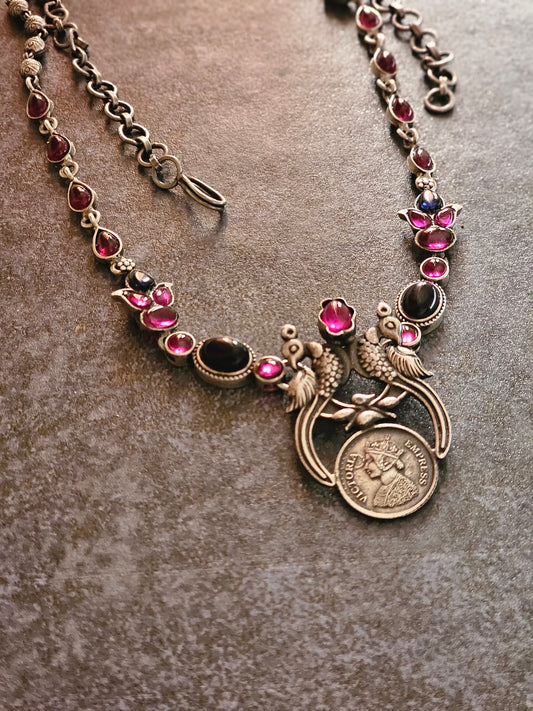 Blue and Pink kempu silver 92.5 necklace