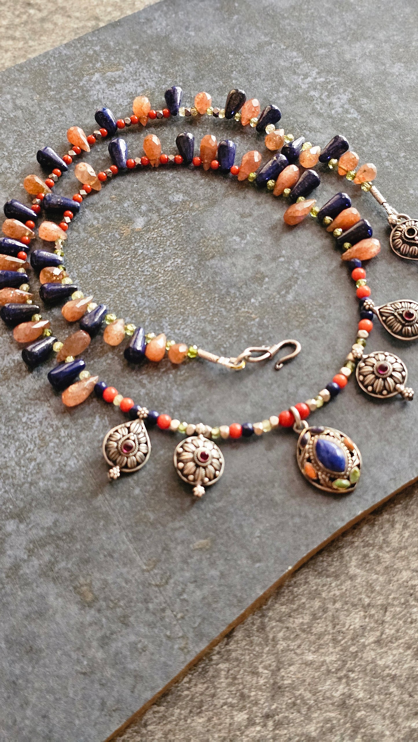 Labrodrite, Sunstone Kolhapur Saaz motifs necklace