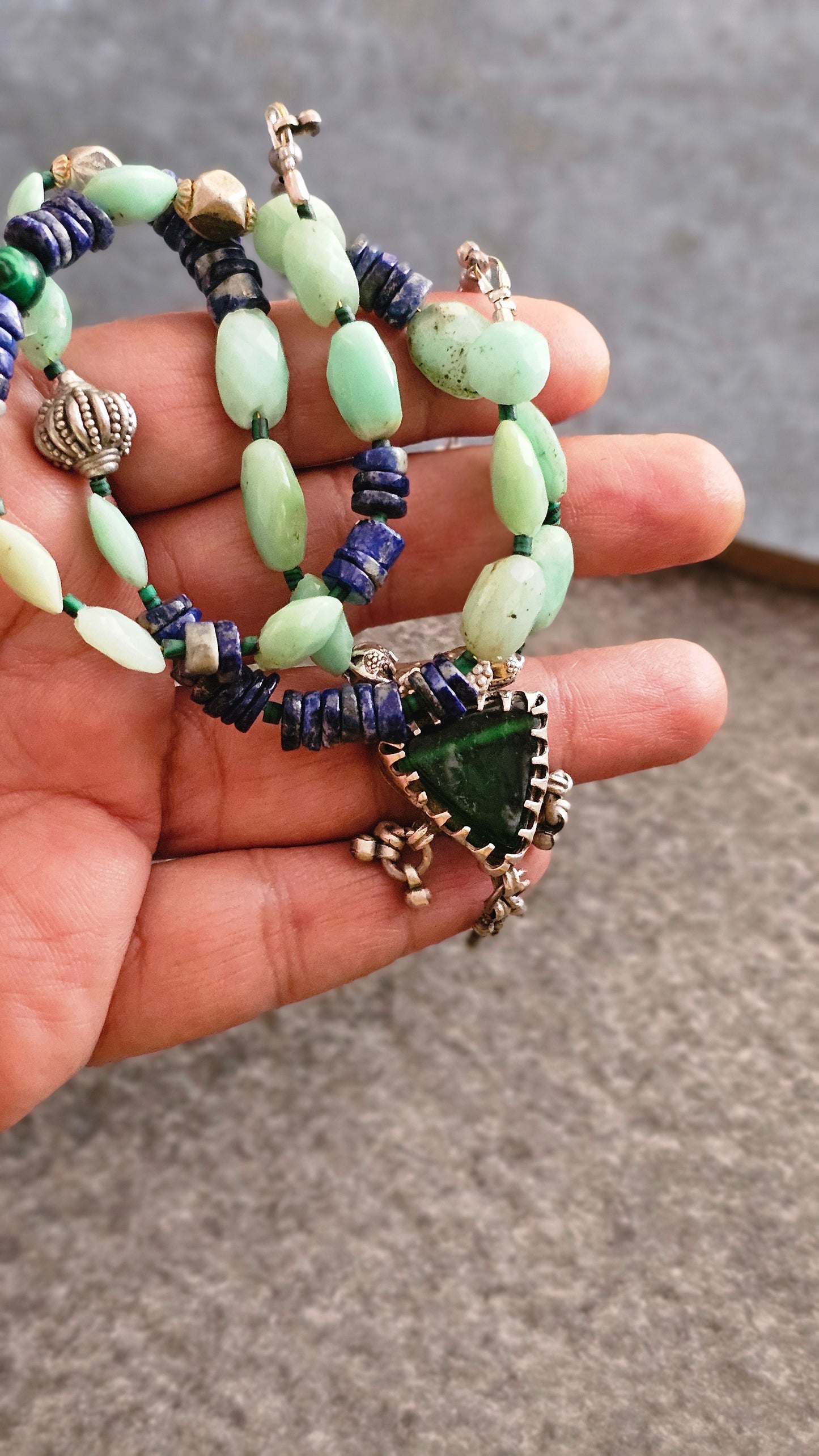 Lapis and Chrysoprace necklace with vintage glass pendant