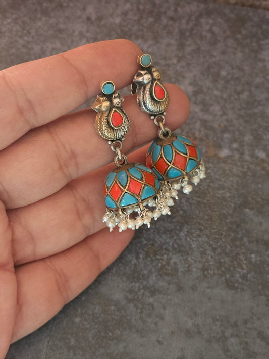 Turquoise and coral silver fusion jhumkas
