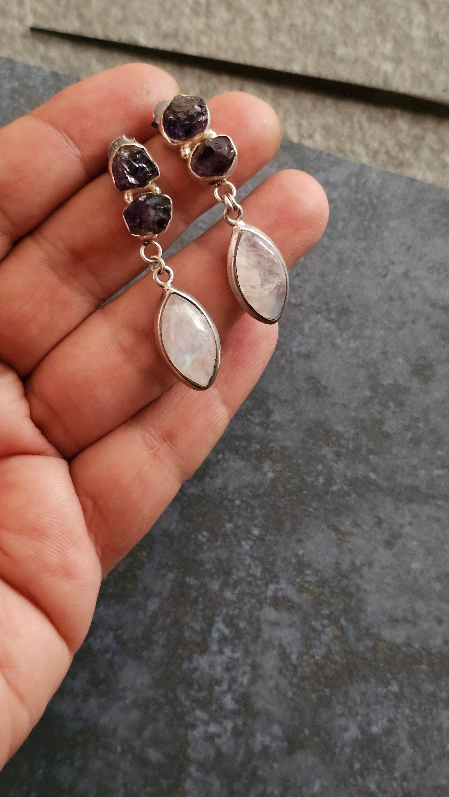 Chandrika – Rough Amethyst & Moonstone Danglers