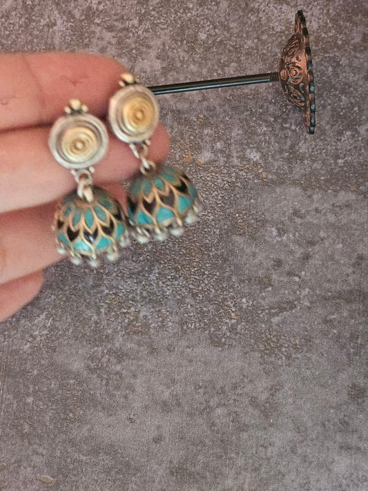 Lapis lazuli and turquoise detailed silver jhumkas
