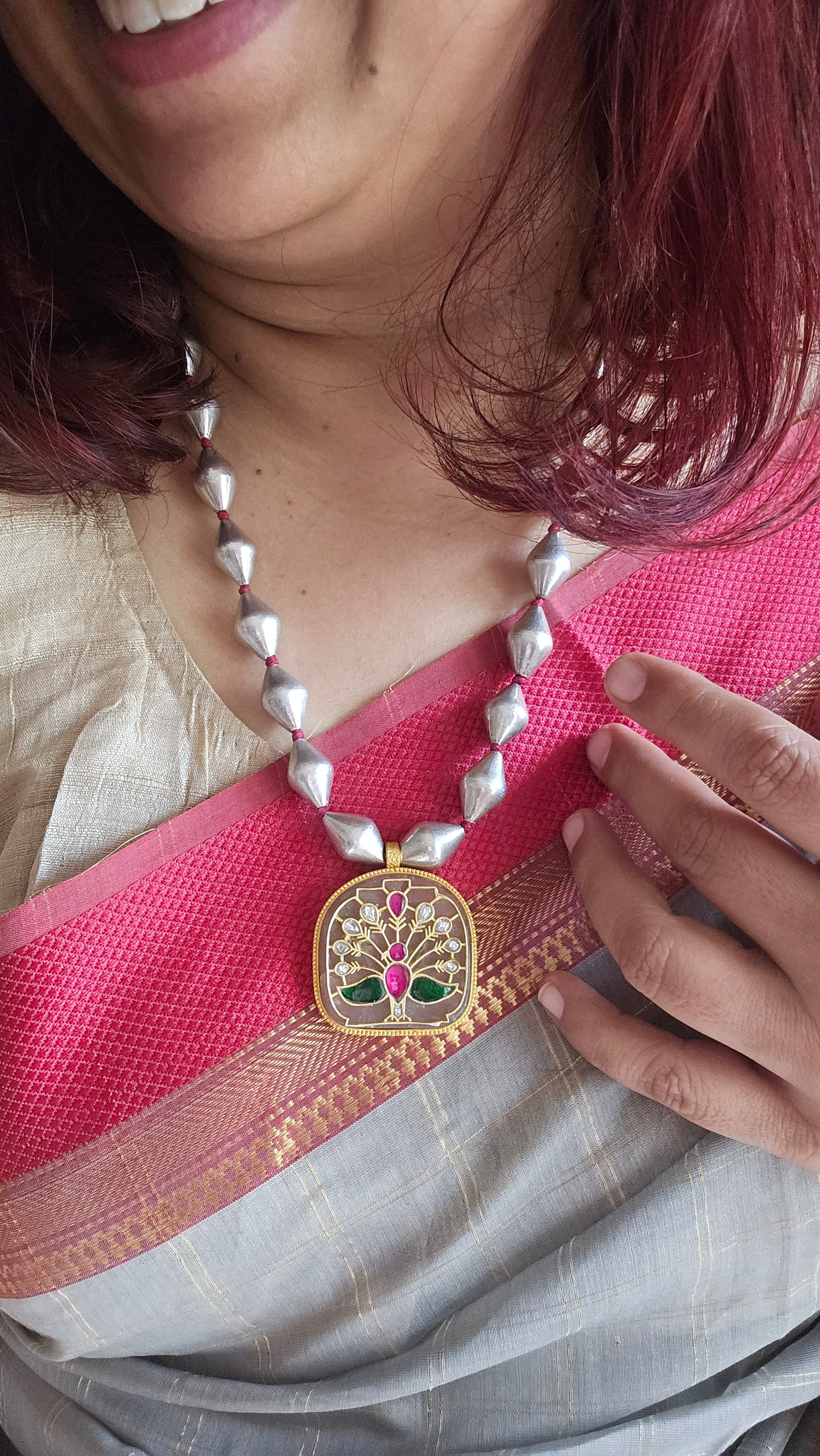 Veera -Silver dholki necklace with kundan inlay work on rose quartz | 92.5 Silver Short Necklace