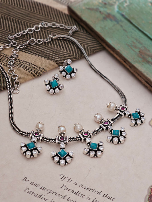 "Shop Vasuki’s 92.5 silver turquoise & zircon necklace set – versatile, handcrafted elegance for everyday wear, festive looks & timeless gifting."