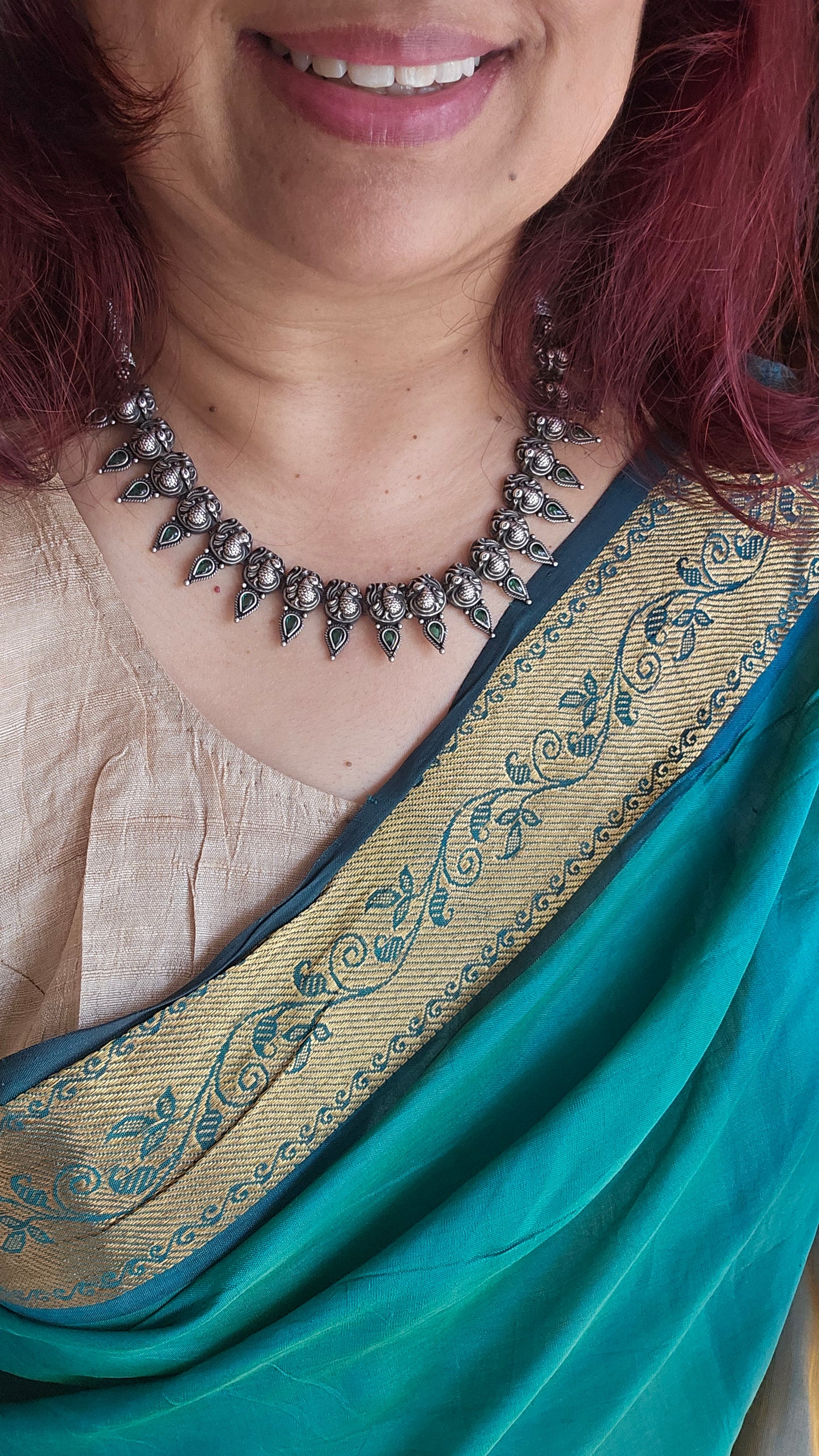 92.5 Silver Nakash Anam Motif Kolhapuri-Style Short Necklace with Green Kempu Detailing — Limited Edition