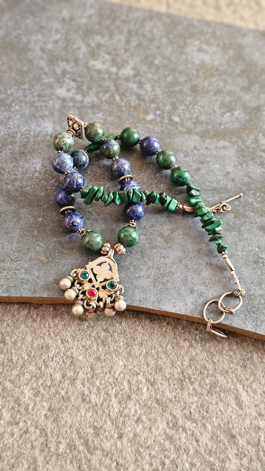 Azurite Malachite gemstone necklace vintage pendant
