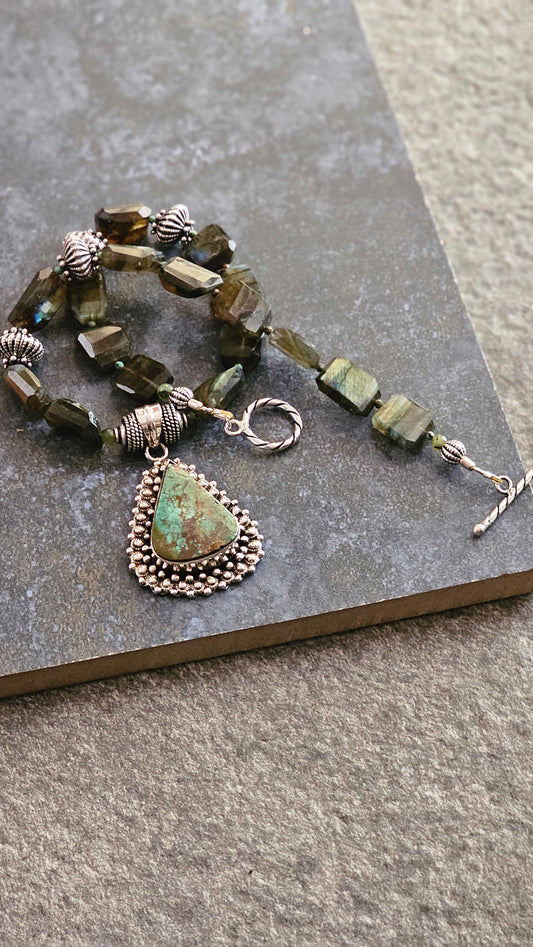 Green turquoise with Fire Labradorite necklace