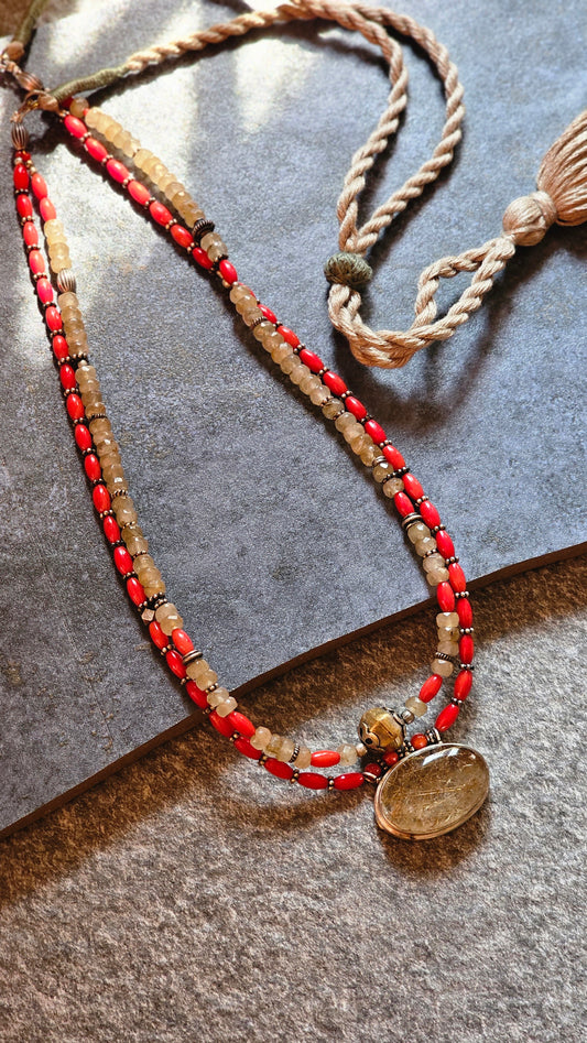 Coral and Rutilated quartz pendant necklace