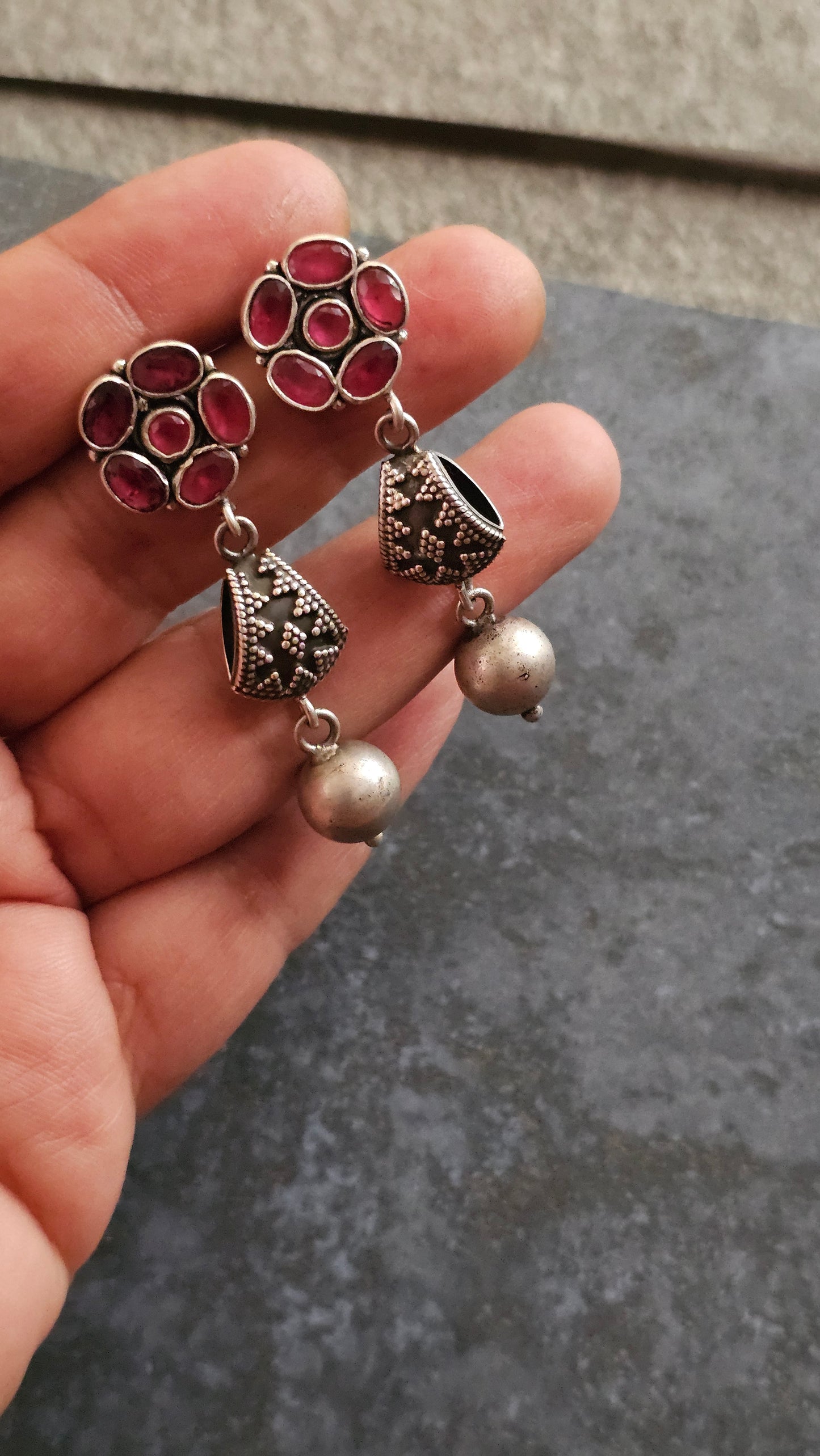 Gulnaar – Pink Garnet & Rawa Silver Danglers