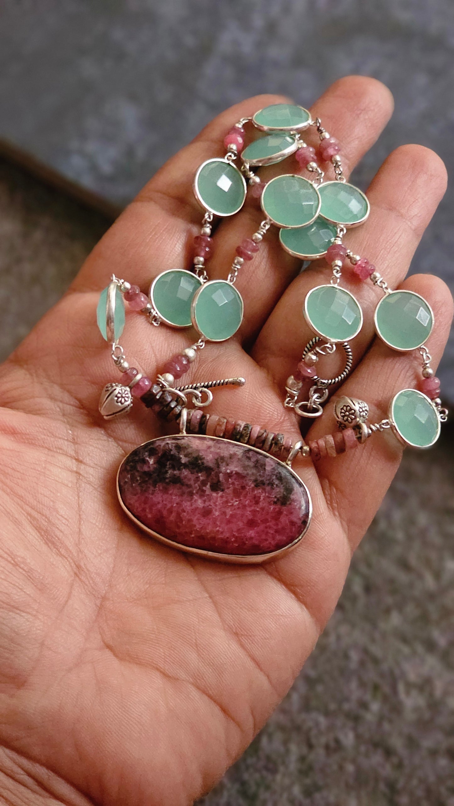 Rosé Meadow
Chalcedony, Pink Tourmaline & Rhodonite Necklace