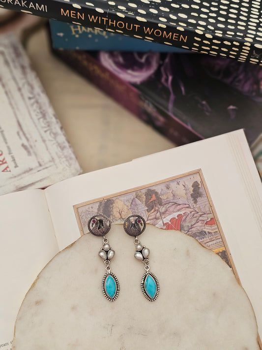 Turquoise & Pearl Silver Danglers with Peacock Studs | 92.5 Handcrafted Jewelry