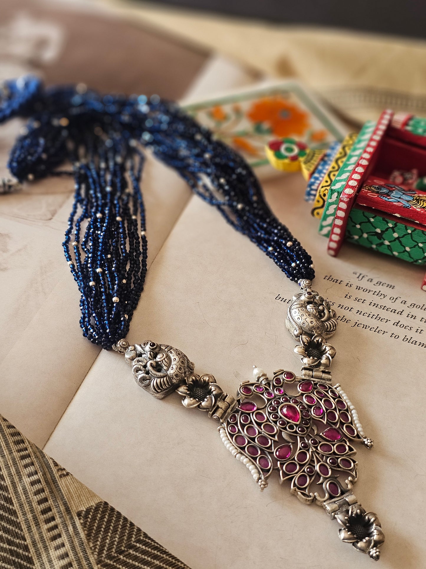 Gandaberunda Necklace in 92.5 Silver with Kempu Stones & Iolite Beads | Shopvasuki